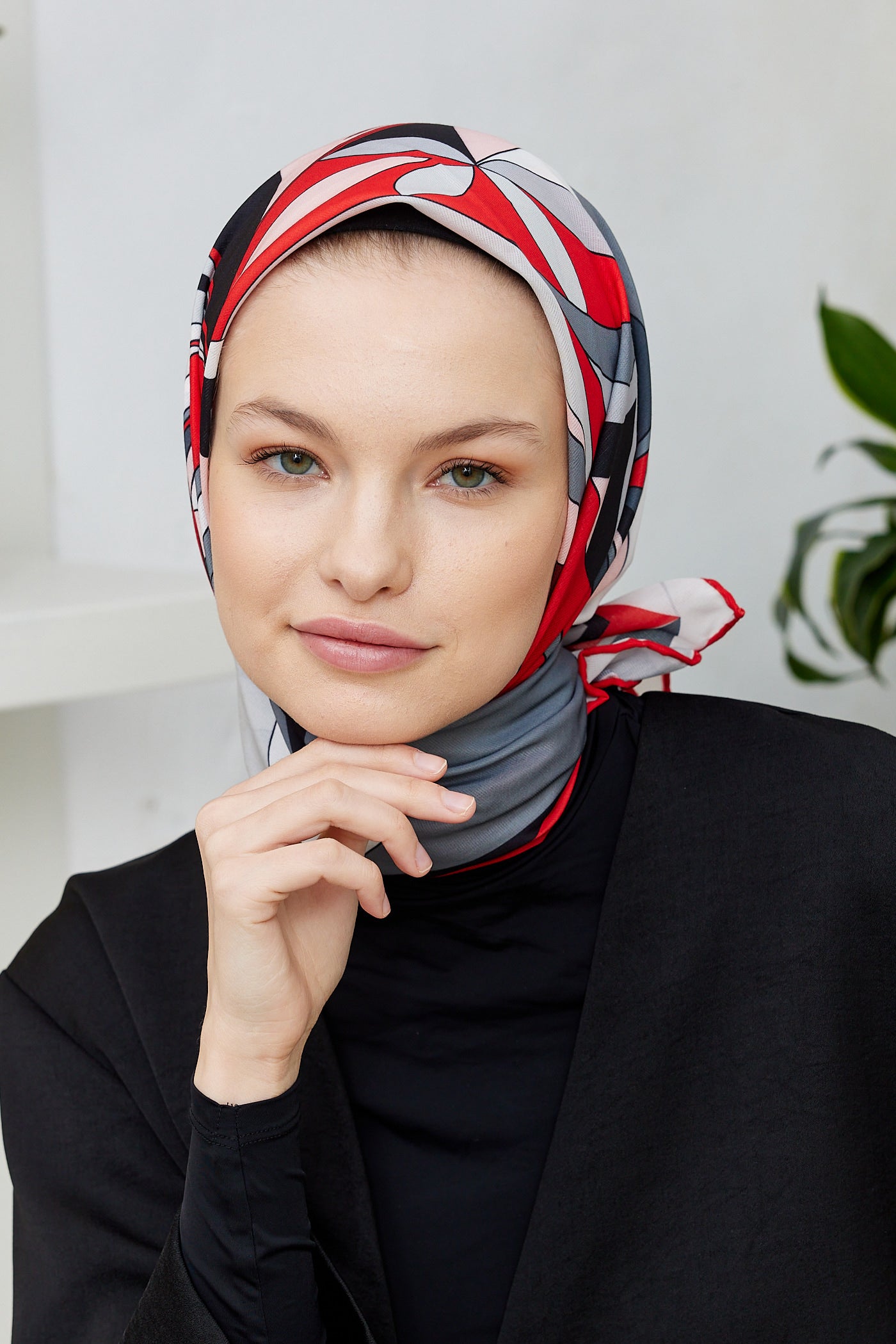 Tesettür Giyim - Pro Line Melinda Desen Eşarp - Kırmızı - Gri - Emproyal