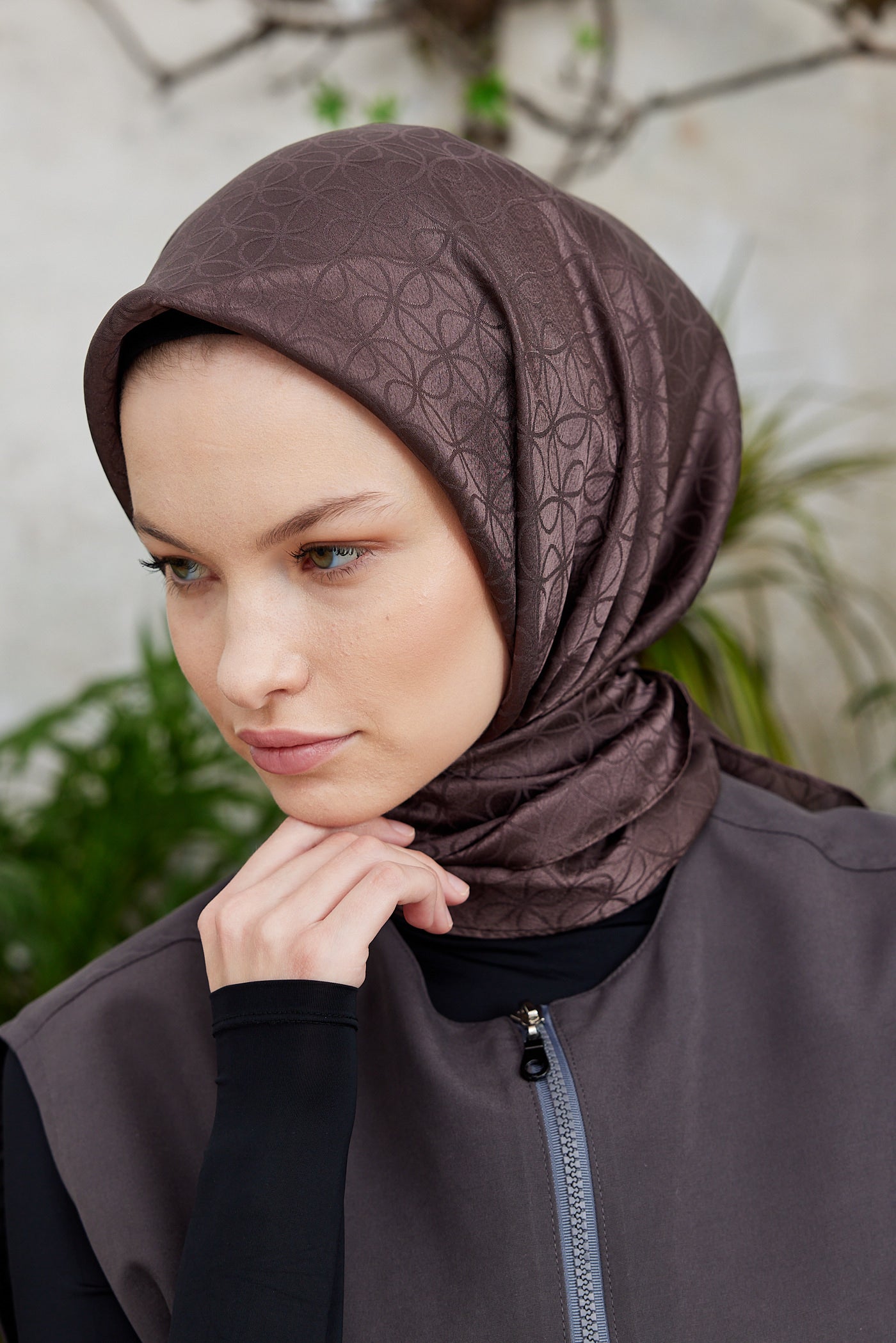 Tesettür Giyim - Jakar Janjan Elips Desen Eşarp - Acı Kahve - Emproyal