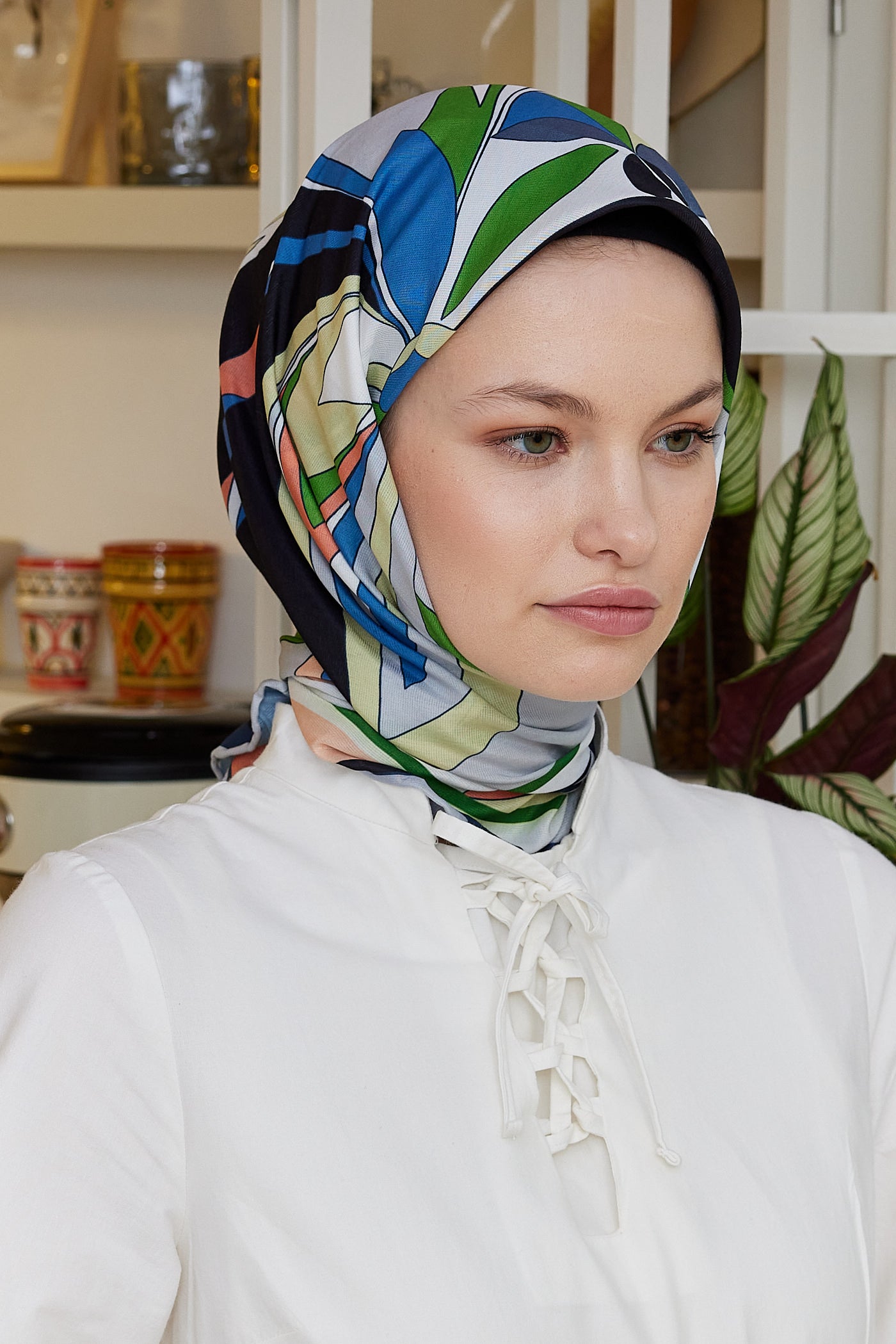 Tesettür Giyim - Pro Line Melinda Desen Eşarp - Gümüş - İndigo - Emproyal