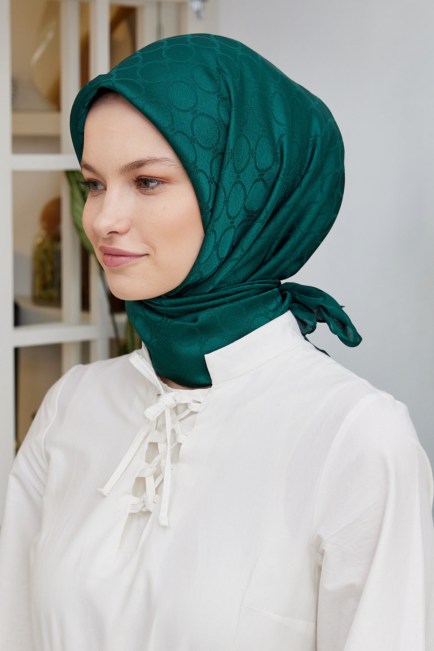 Tesettür Giyim - Jakar Janjan Halka Desen Eşarp - Zümrüt - Emproyal