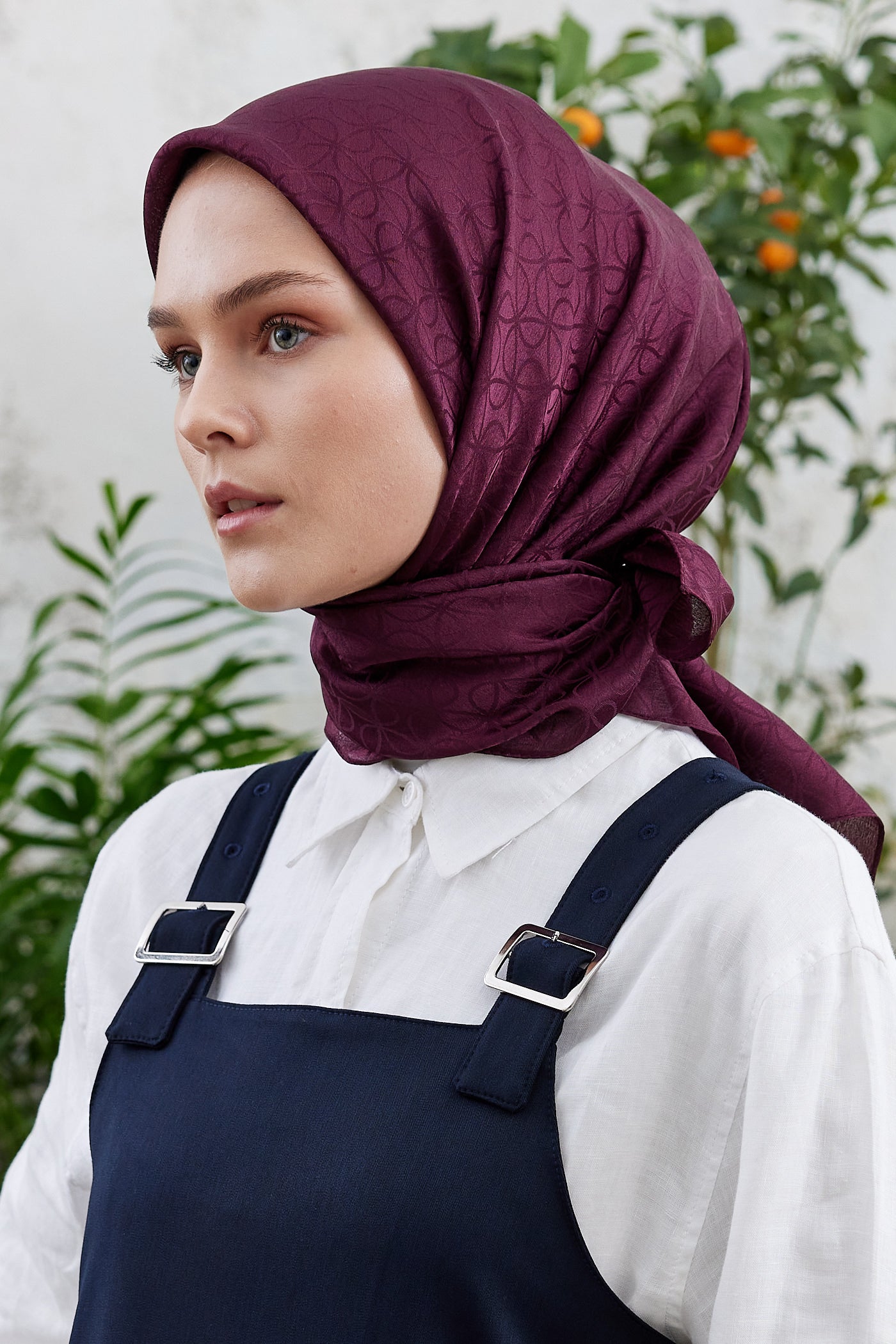 Tesettür Giyim - Jakar Janjan Elips Desen Eşarp - Mürdüm - Emproyal