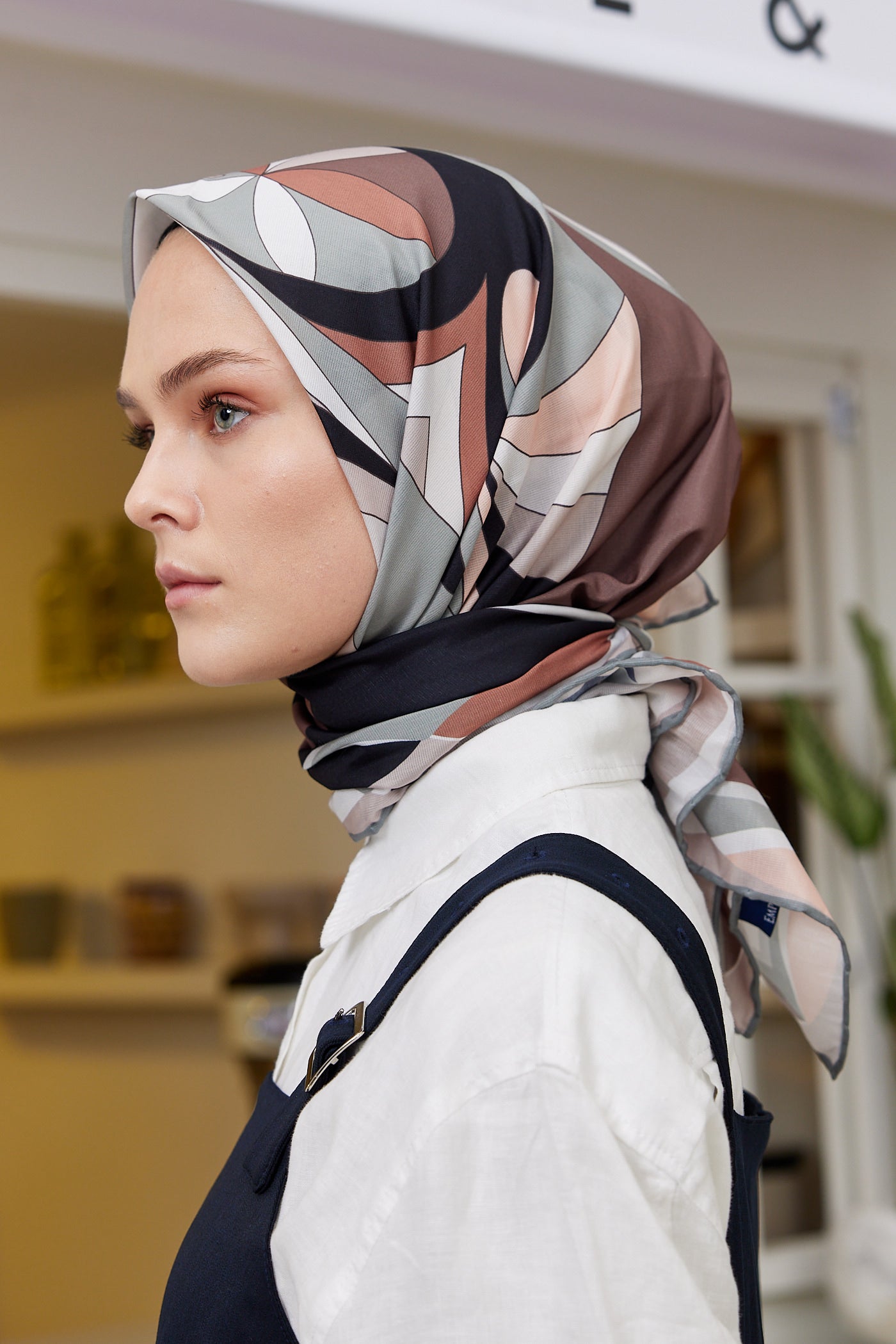 Tesettür Giyim - Pro Line Melinda Desen Eşarp - Gri - Kahve - Emproyal