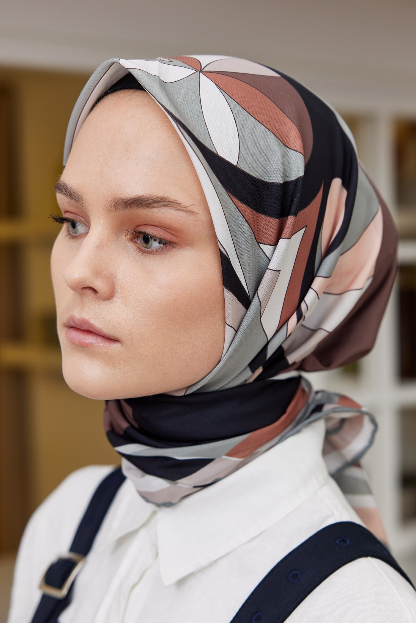 Tesettür Giyim - Pro Line Melinda Desen Eşarp - Gri - Kahve - Emproyal