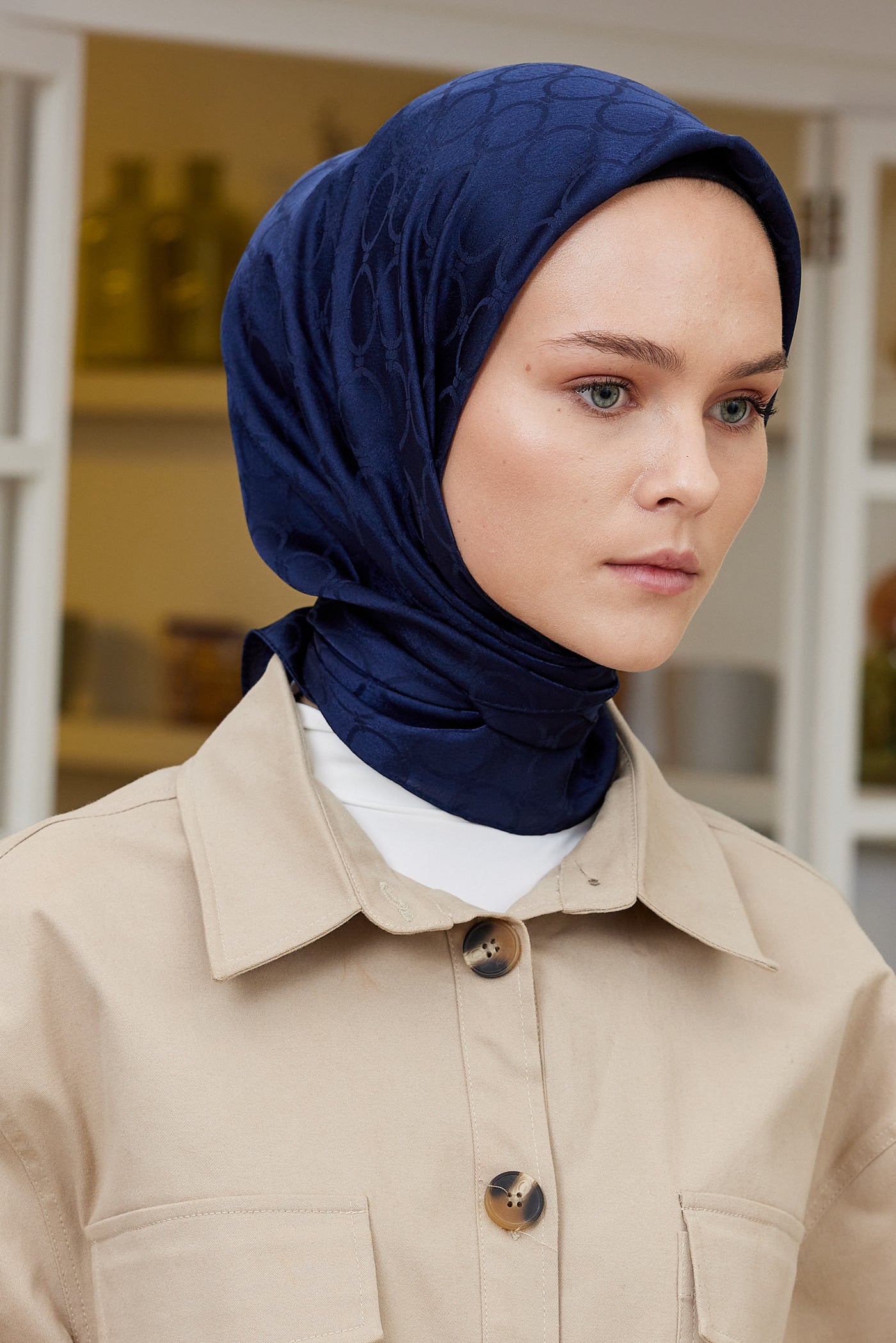 Tesettür Giyim - Jakar Janjan Halka Desen Eşarp - Gece Mavisi - Emproyal