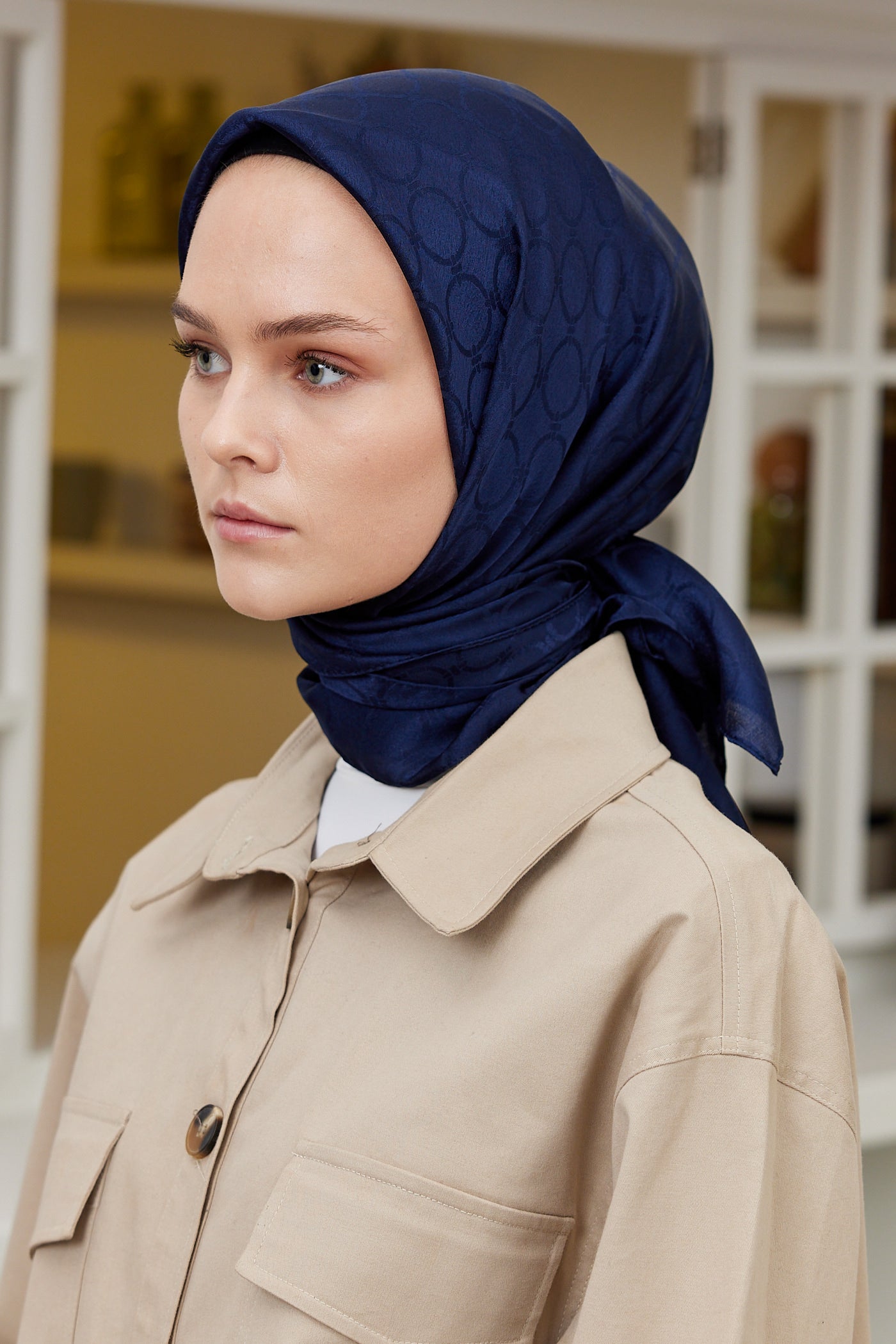 Tesettür Giyim - Jakar Janjan Halka Desen Eşarp - Gece Mavisi - Emproyal