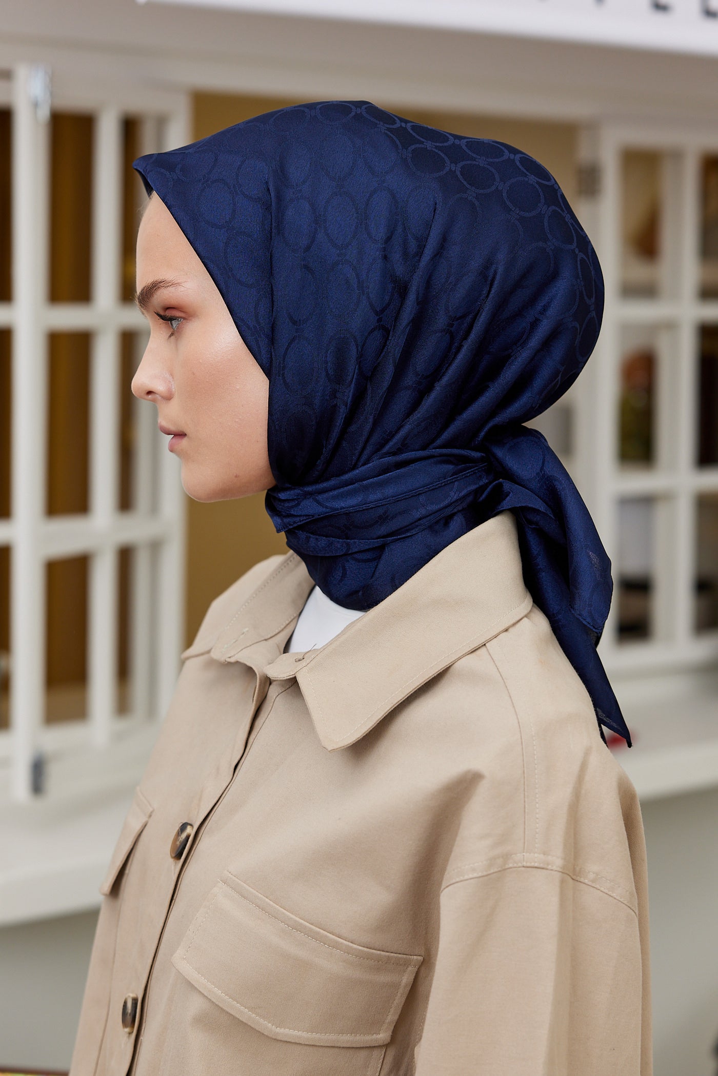 Tesettür Giyim - Jakar Janjan Halka Desen Eşarp - Gece Mavisi - Emproyal