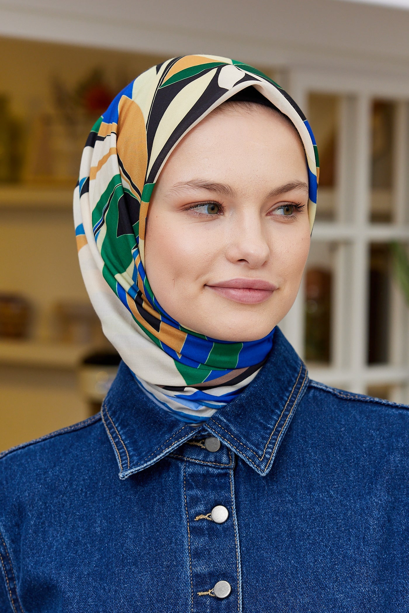 Tesettür Giyim - Pro Line Melinda Desen Eşarp - Yeşil - İndigo - Emproyal