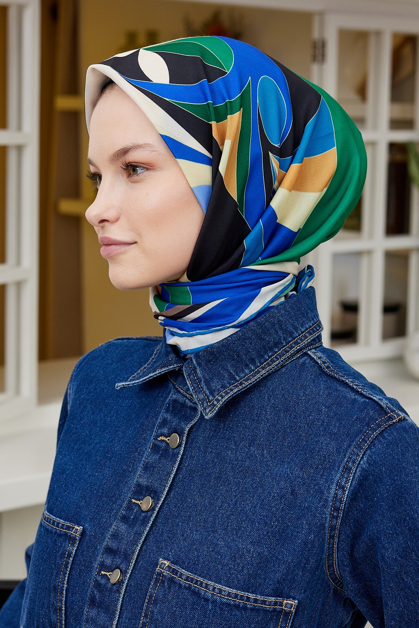 Tesettür Giyim - Pro Line Melinda Desen Eşarp - Yeşil - İndigo - Emproyal