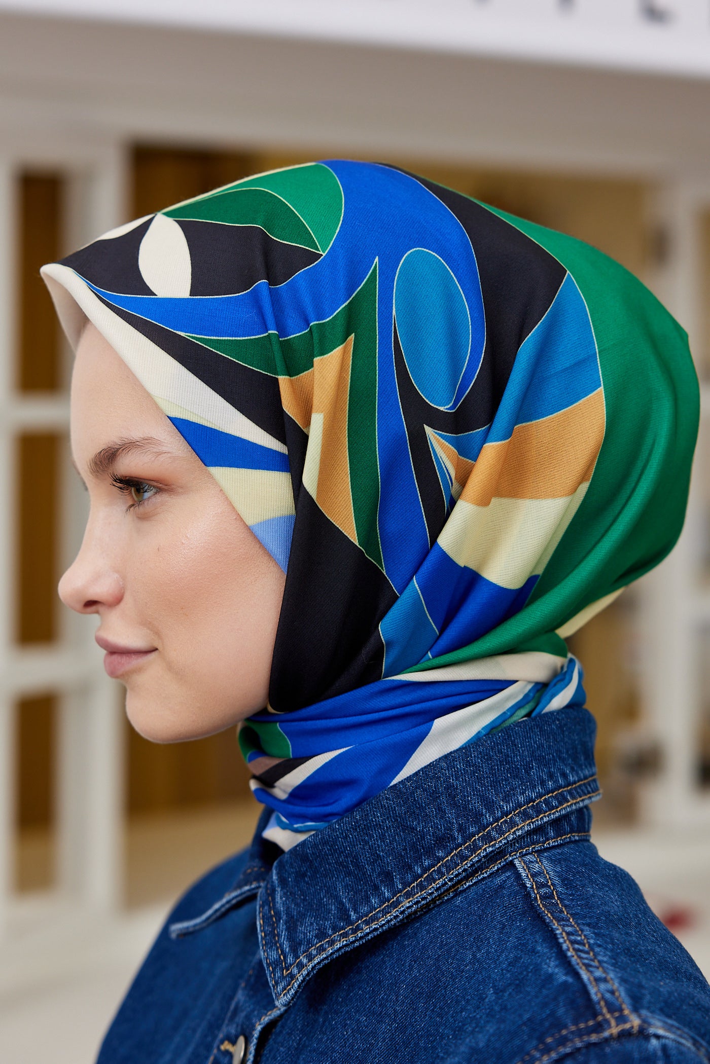 Tesettür Giyim - Pro Line Melinda Desen Eşarp - Yeşil - İndigo - Emproyal