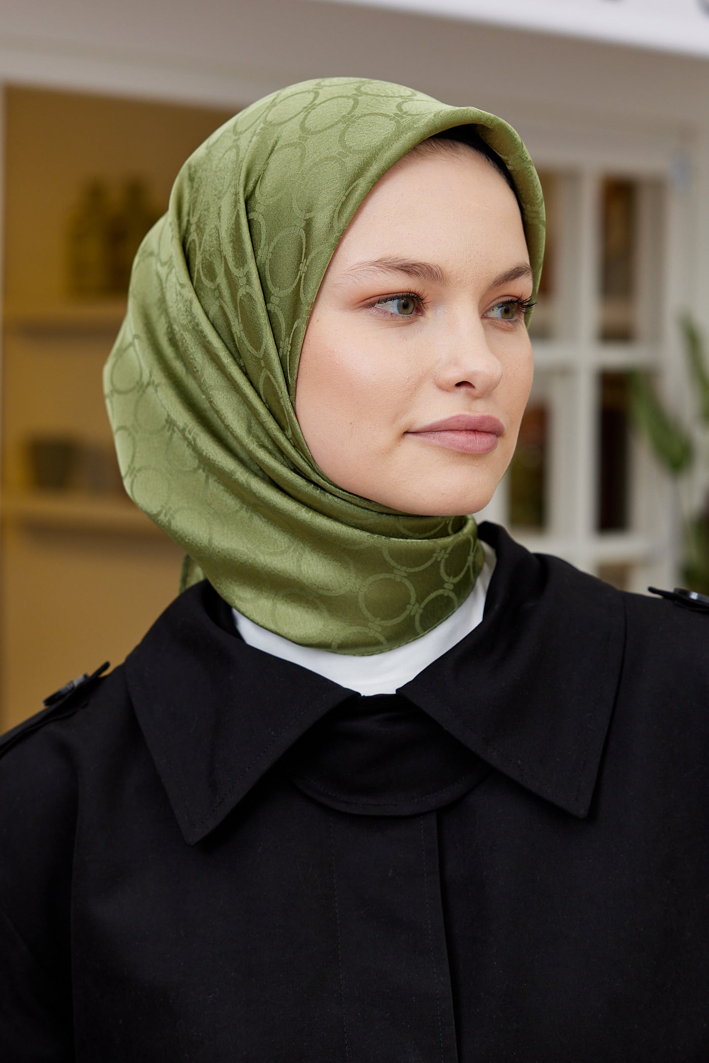 Tesettür Giyim - Jakar Janjan Halka Desen Eşarp - Haki - Emproyal