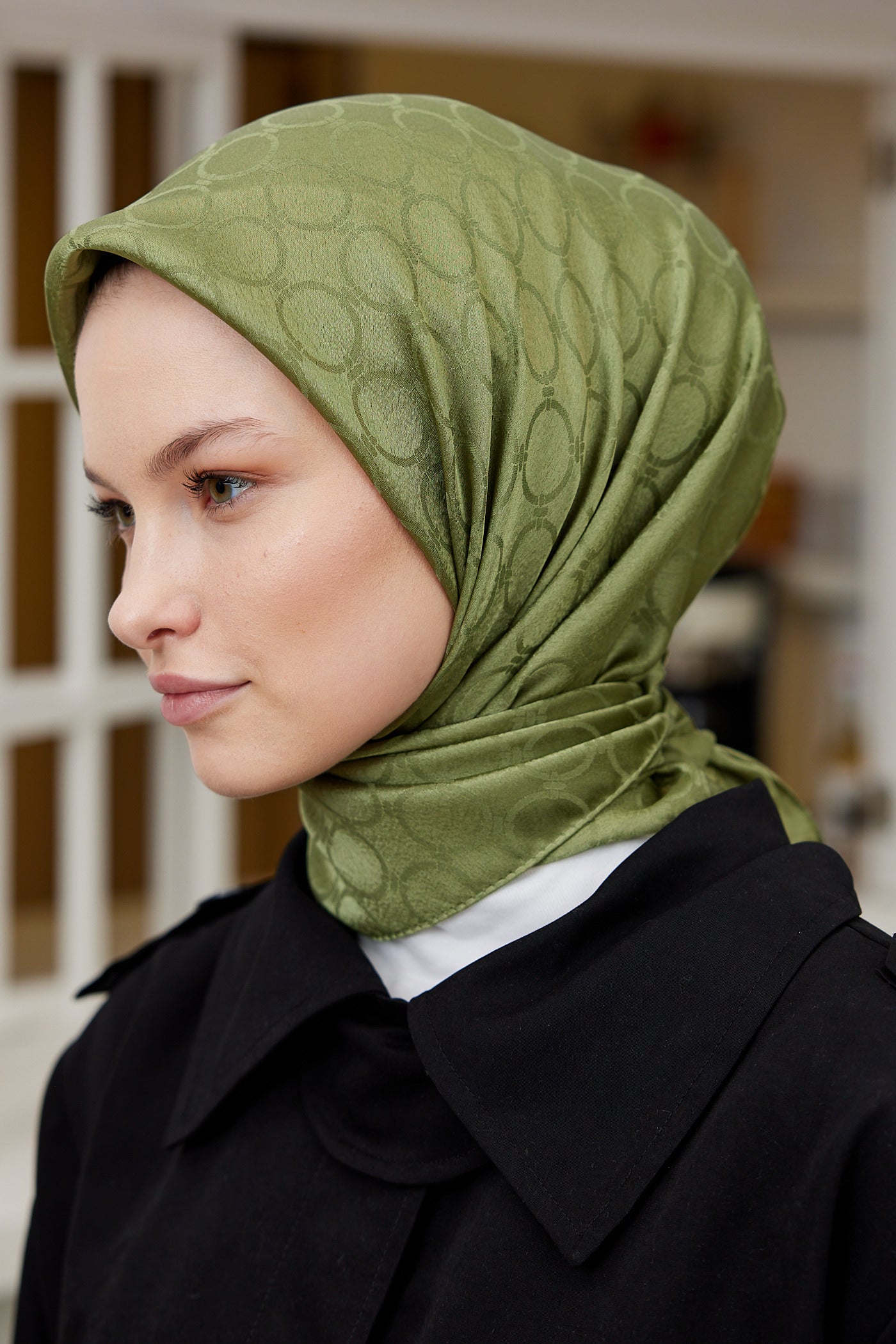 Tesettür Giyim - Jakar Janjan Halka Desen Eşarp - Haki - Emproyal