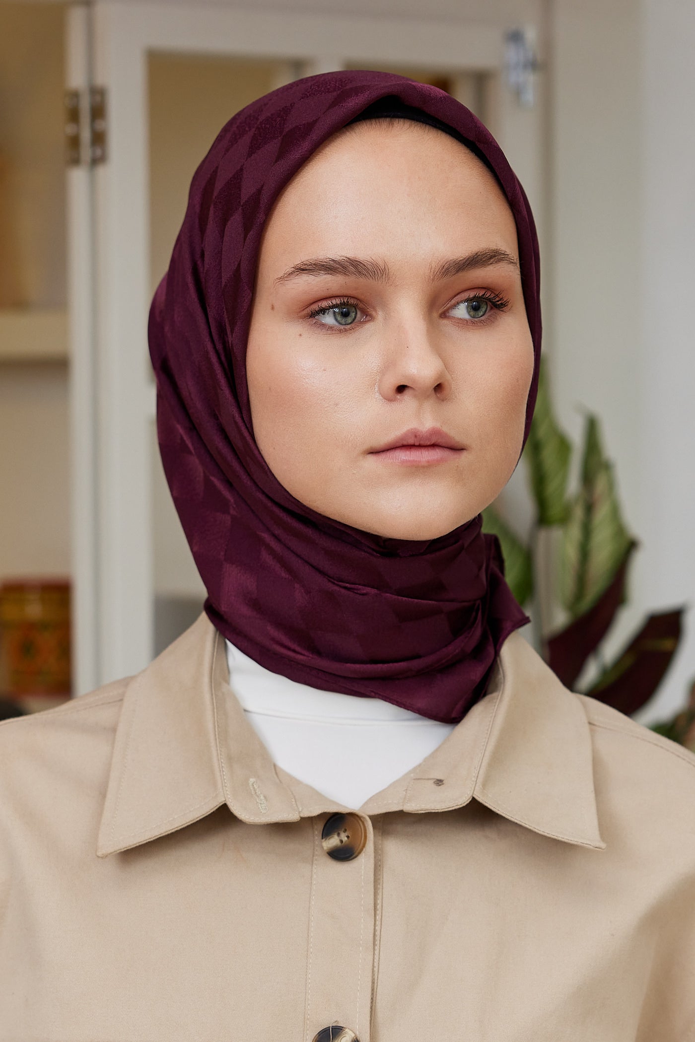 Tesettür Giyim - Jakar Janjan Dama Desen Eşarp - Mürdüm - Emproyal