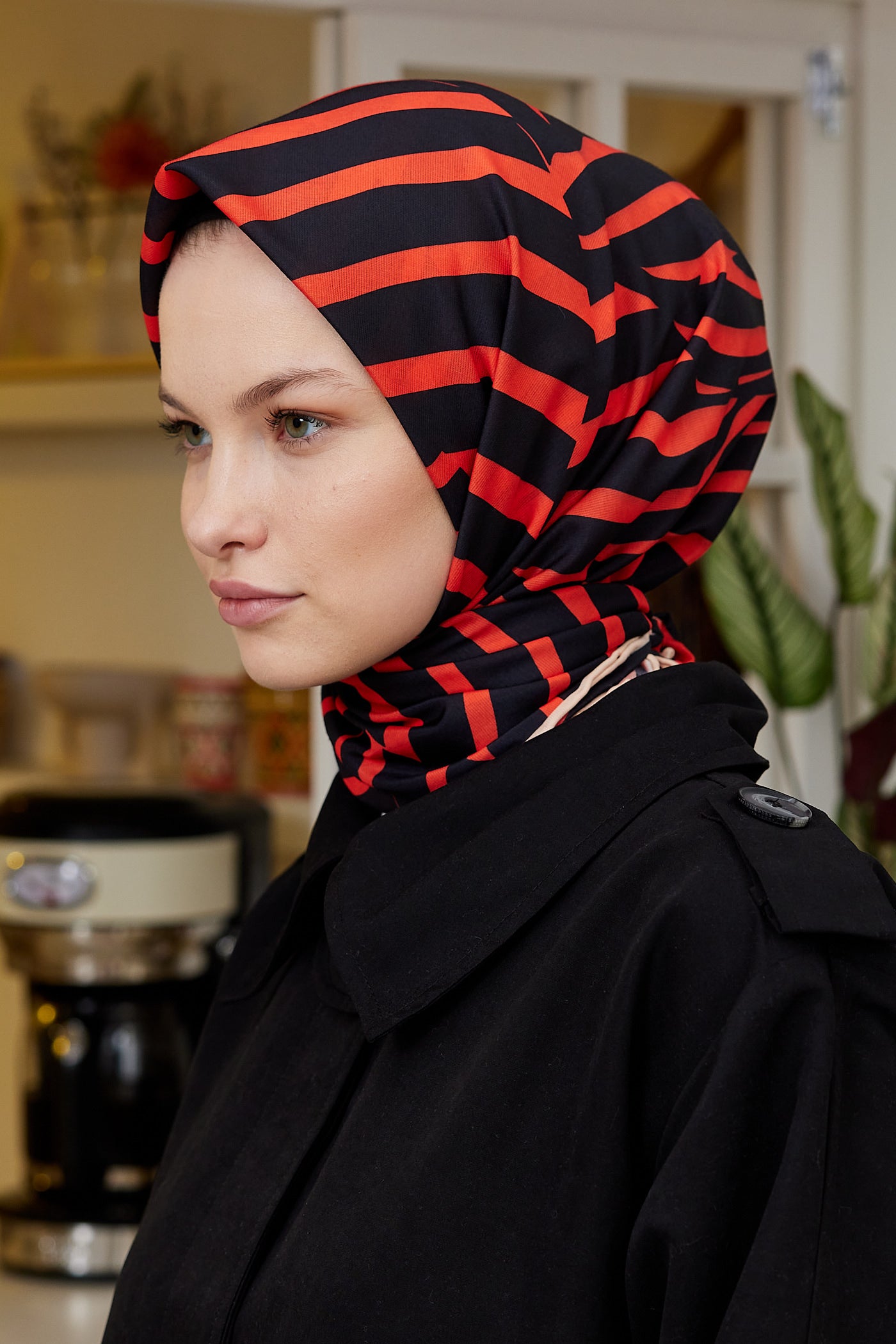 Tesettür Giyim - Pro Line Zebra Desen Eşarp - Siyah - Kırmızı - Emproyal