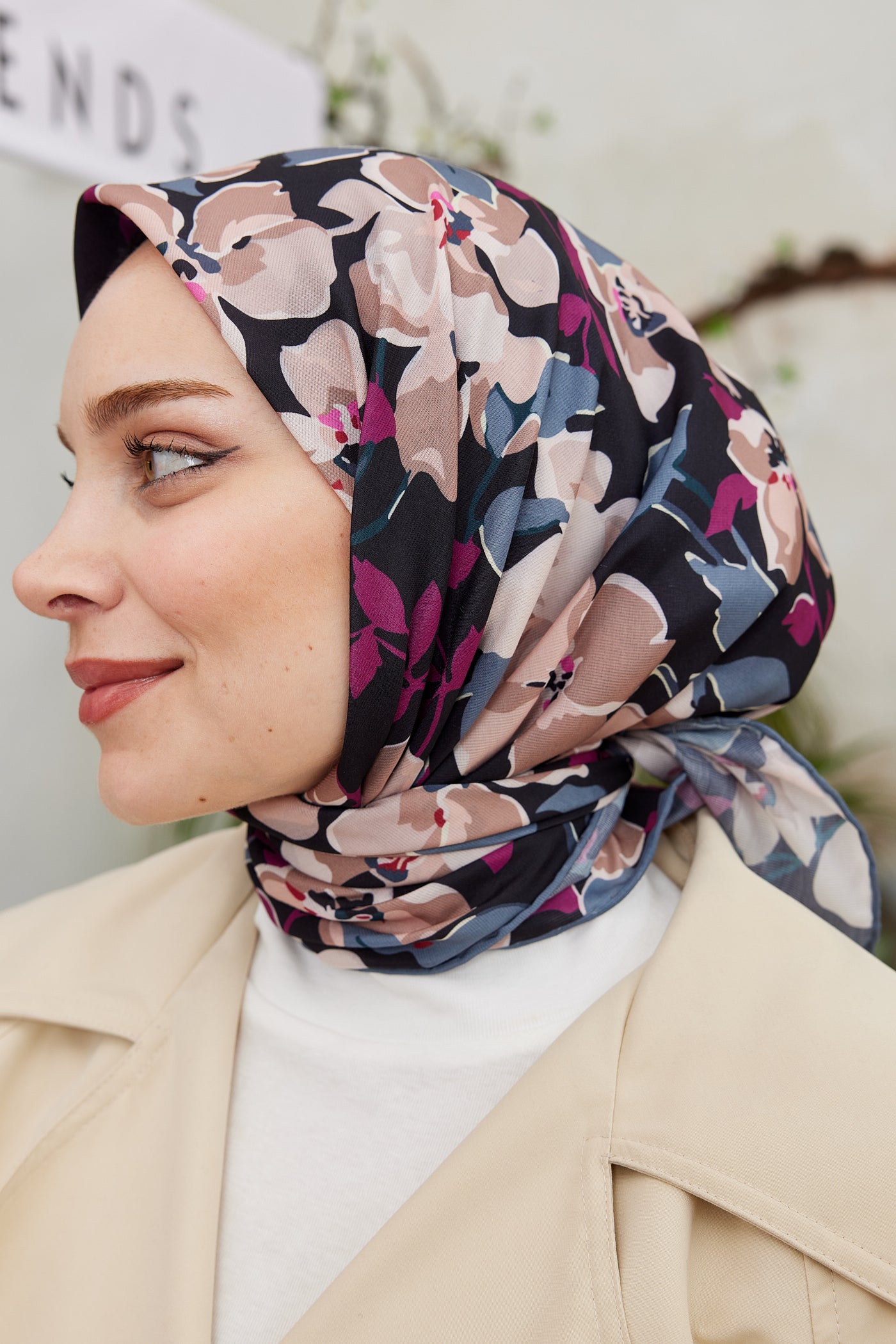 Tesettür Giyim - Pro Line Grace Desen Eşarp - Füme - Fuşya - Emproyal