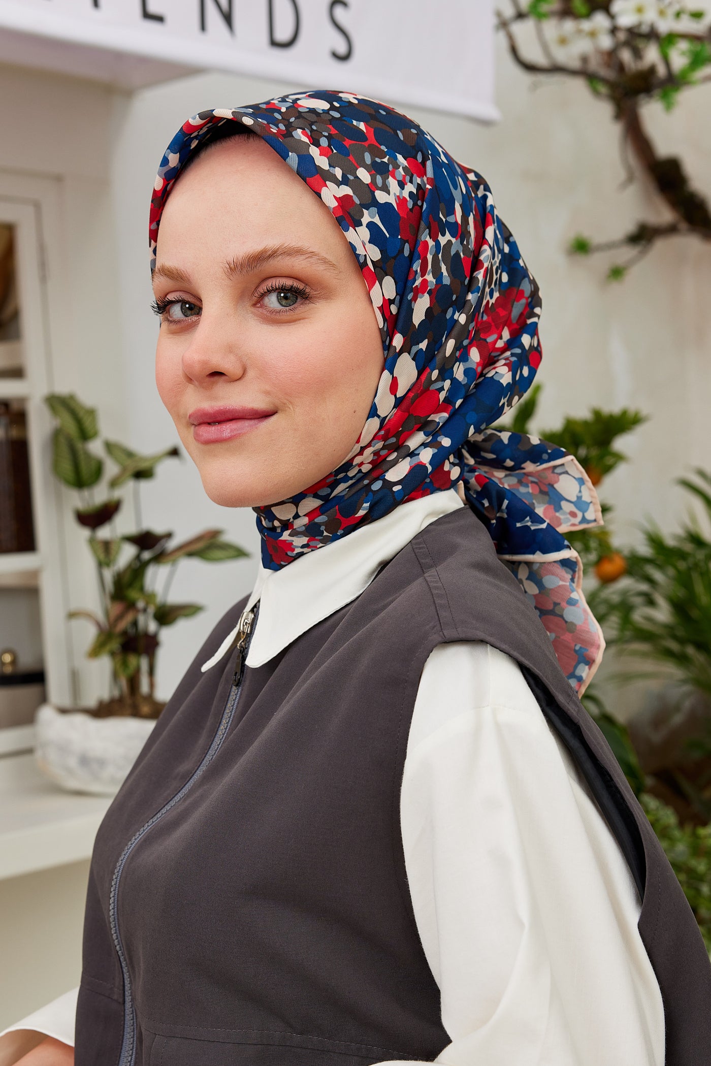 Tesettür Giyim - Pro Line Lavin Desen Eşarp - Kırmızı - Lacivert - Emproyal