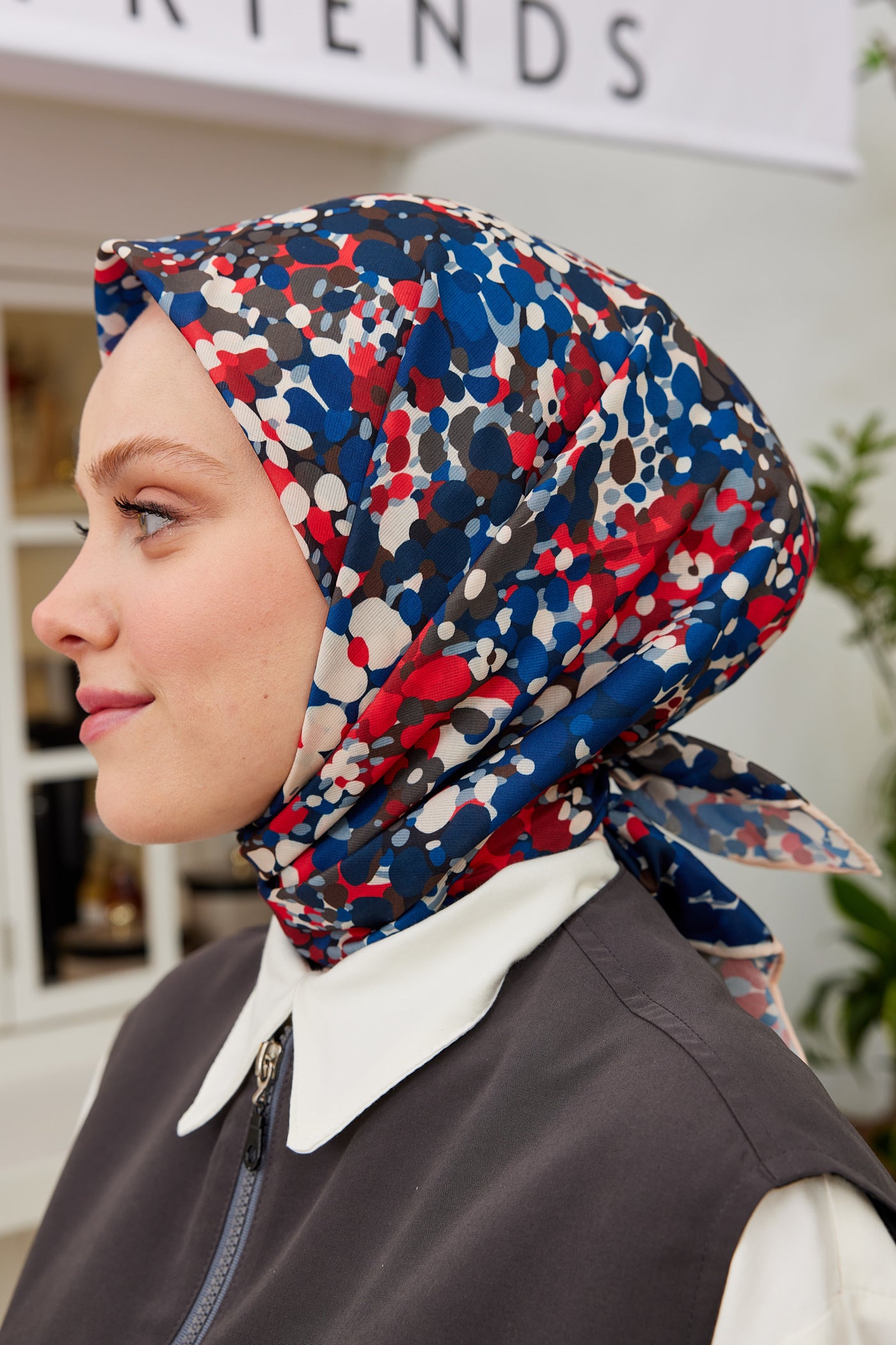 Tesettür Giyim - Pro Line Lavin Desen Eşarp - Kırmızı - Lacivert - Emproyal