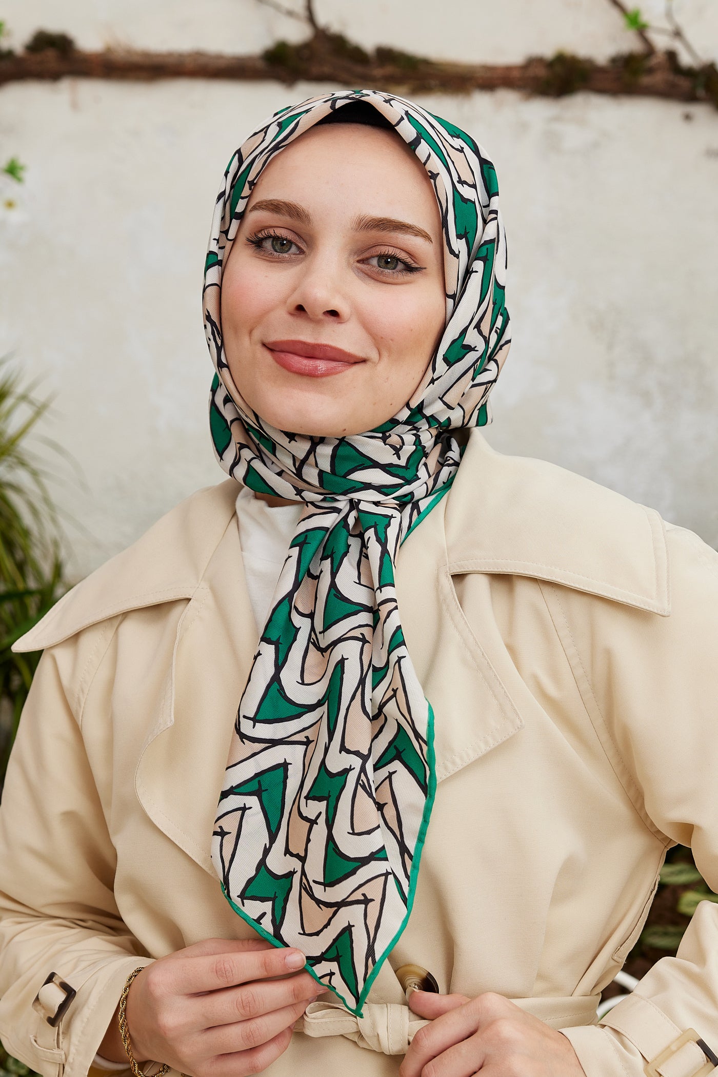 Tesettür Giyim - Pro Line Vera Desen Eşarp - Yeşil - Bej - Emproyal