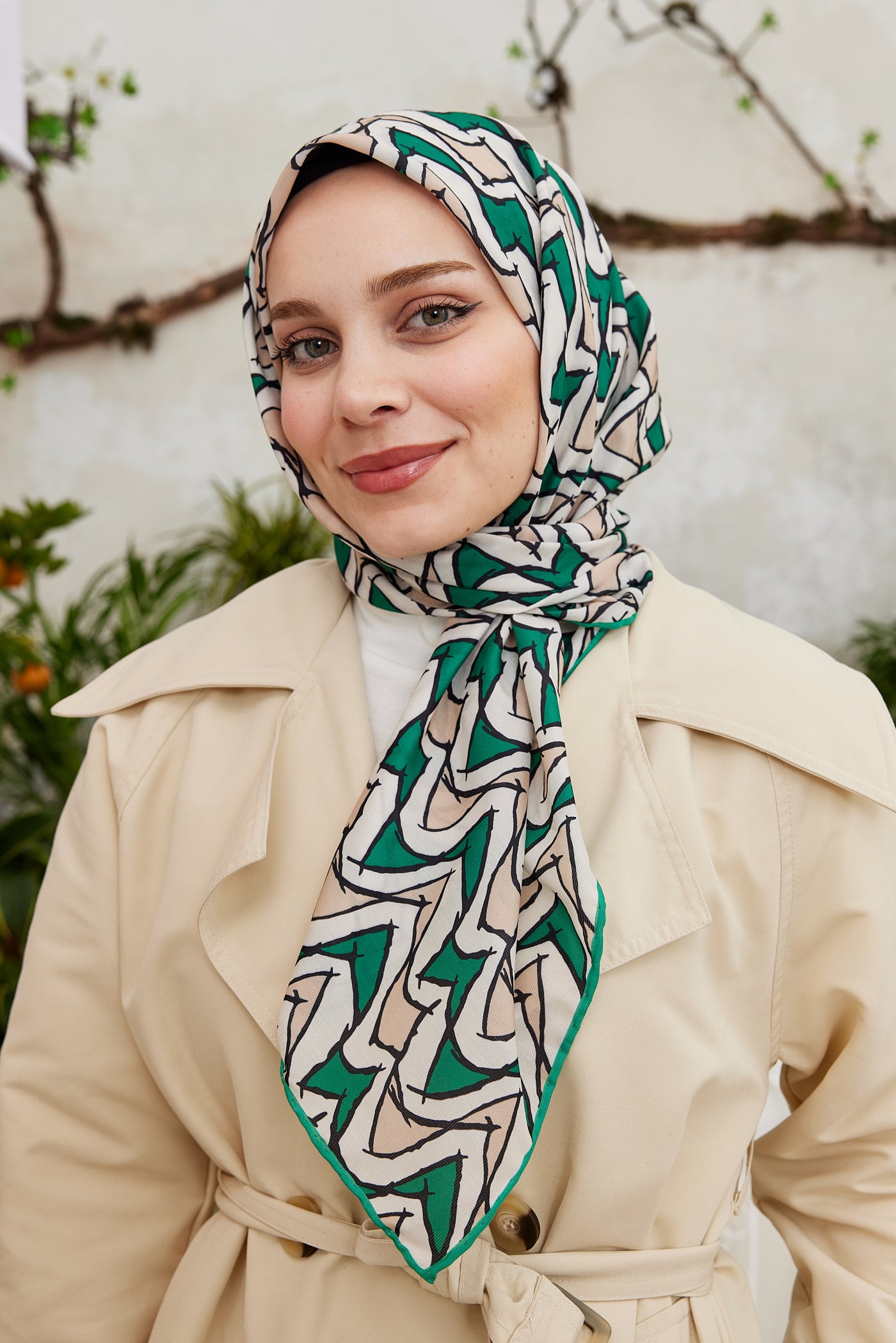 Tesettür Giyim - Pro Line Vera Desen Eşarp - Yeşil - Bej - Emproyal