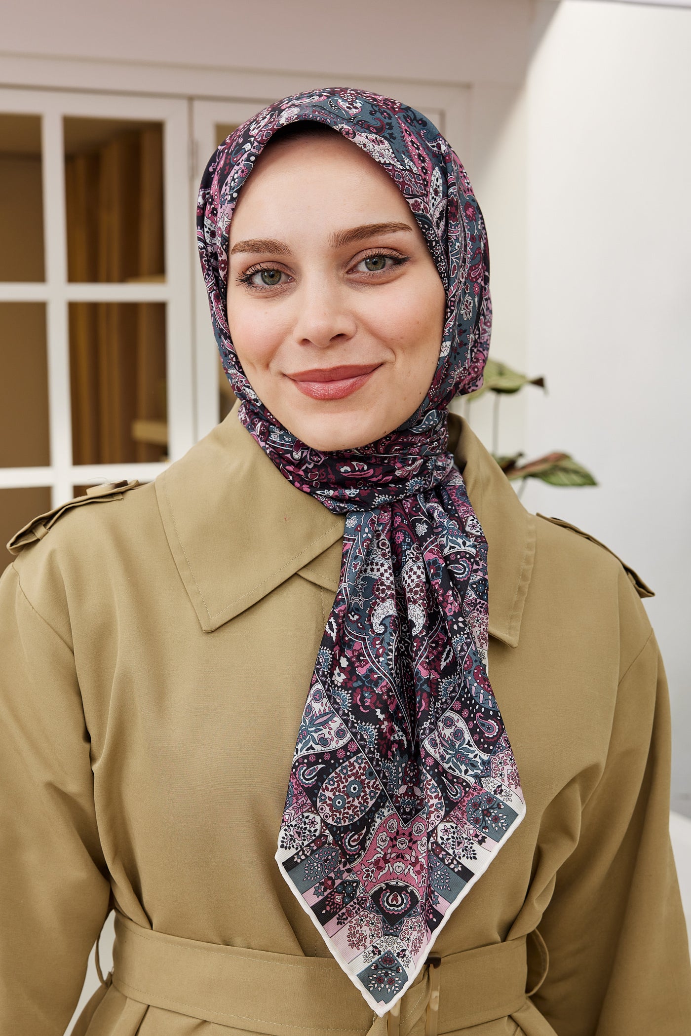 Tesettür Giyim - Pro Line Etnic Desen Eşarp - Mor - Gri - Emproyal