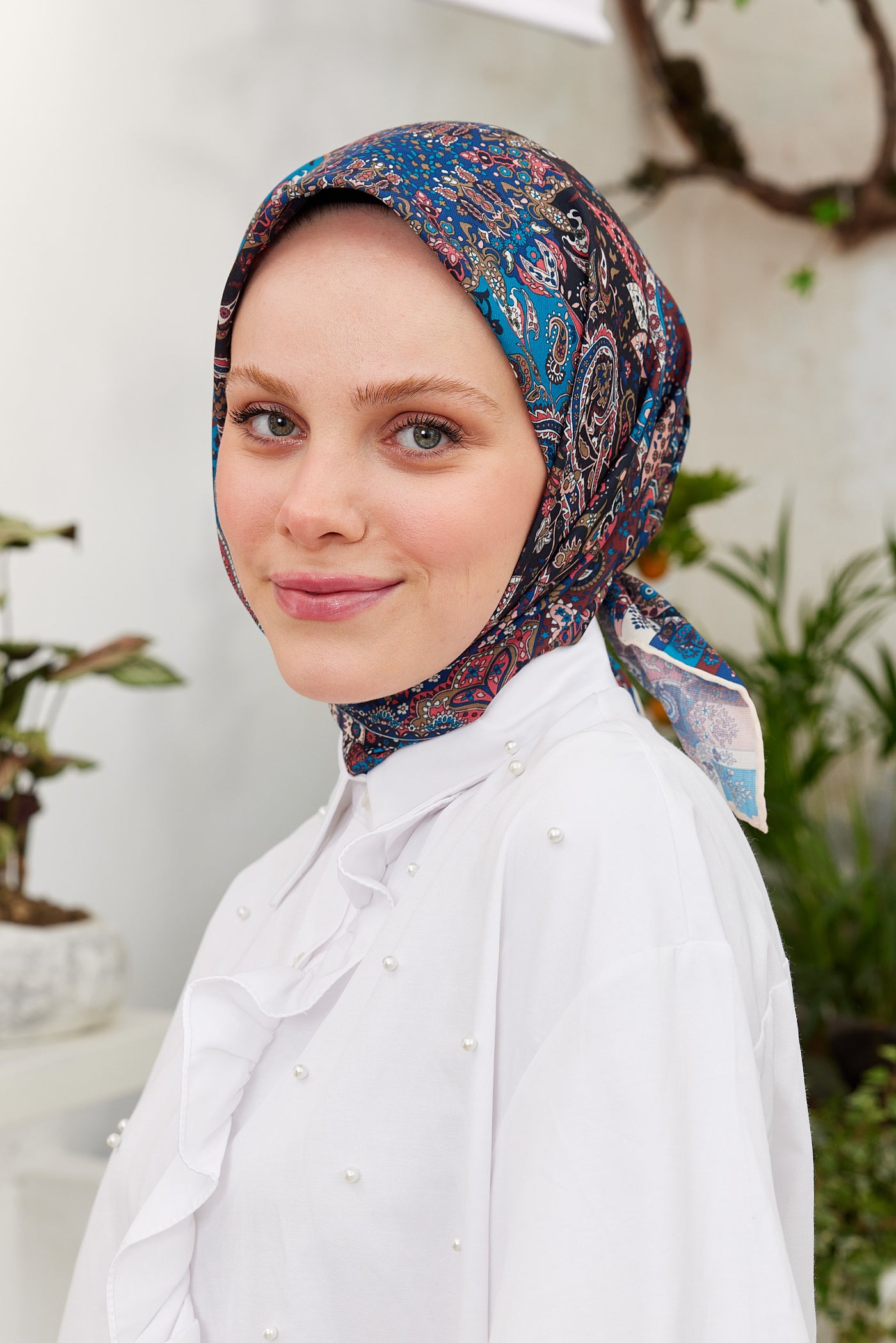 Tesettür Giyim - Pro Line Etnic Desen Eşarp - Bordo - Lacivert - Emproyal