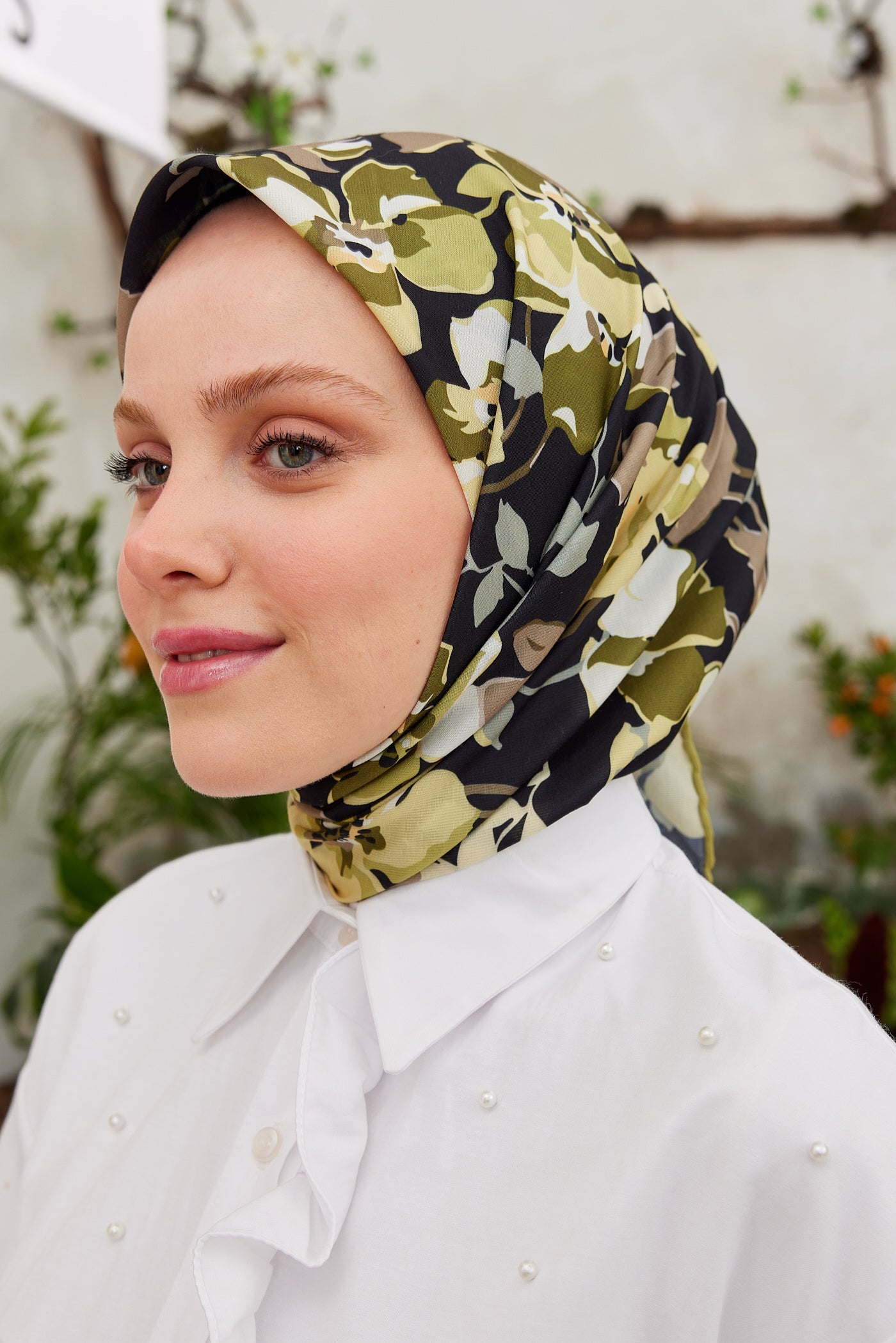 Tesettür Giyim - Pro Line Grace Desen Eşarp - Yağ Yeşili - Haki - Emproyal