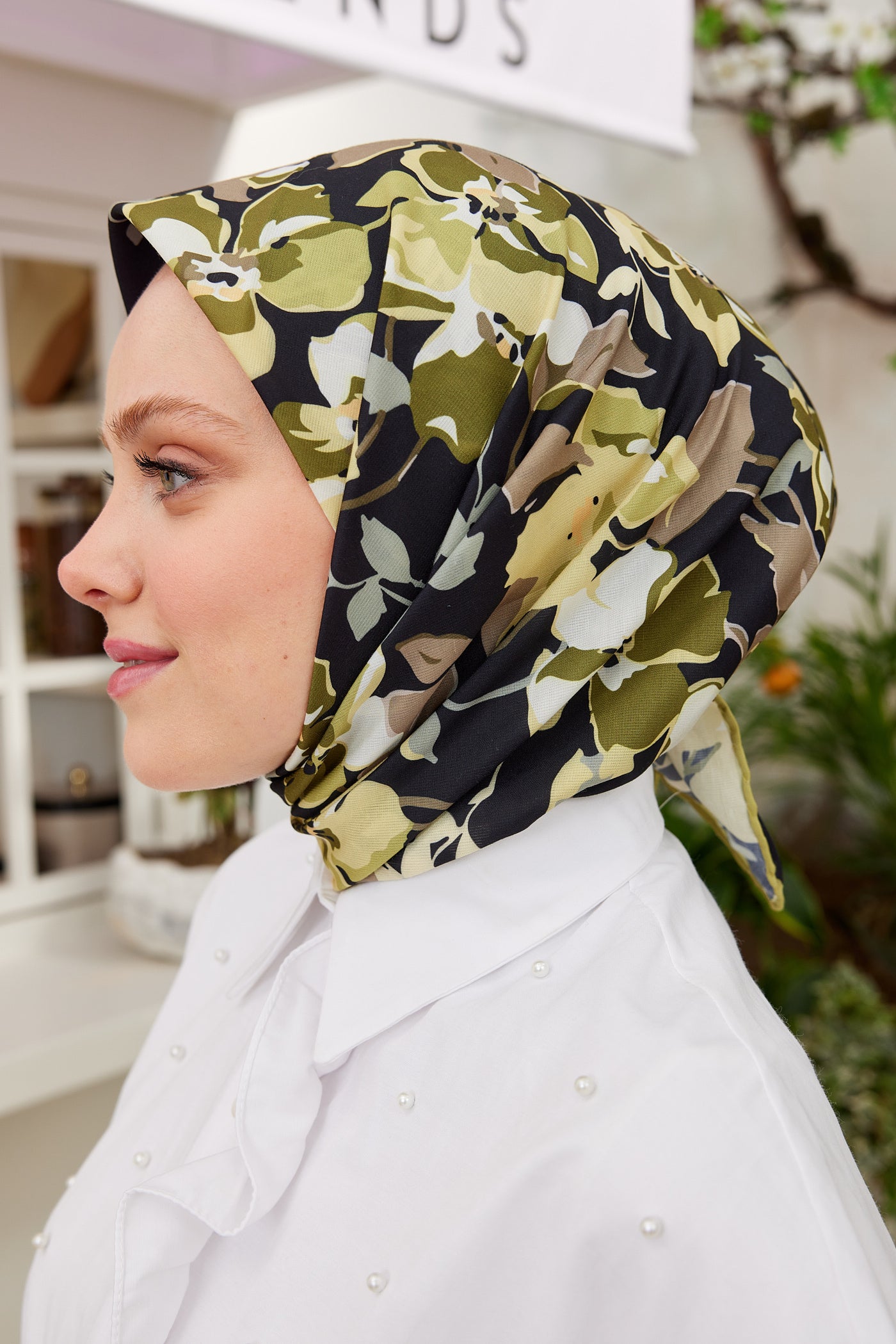 Tesettür Giyim - Pro Line Grace Desen Eşarp - Yağ Yeşili - Haki - Emproyal