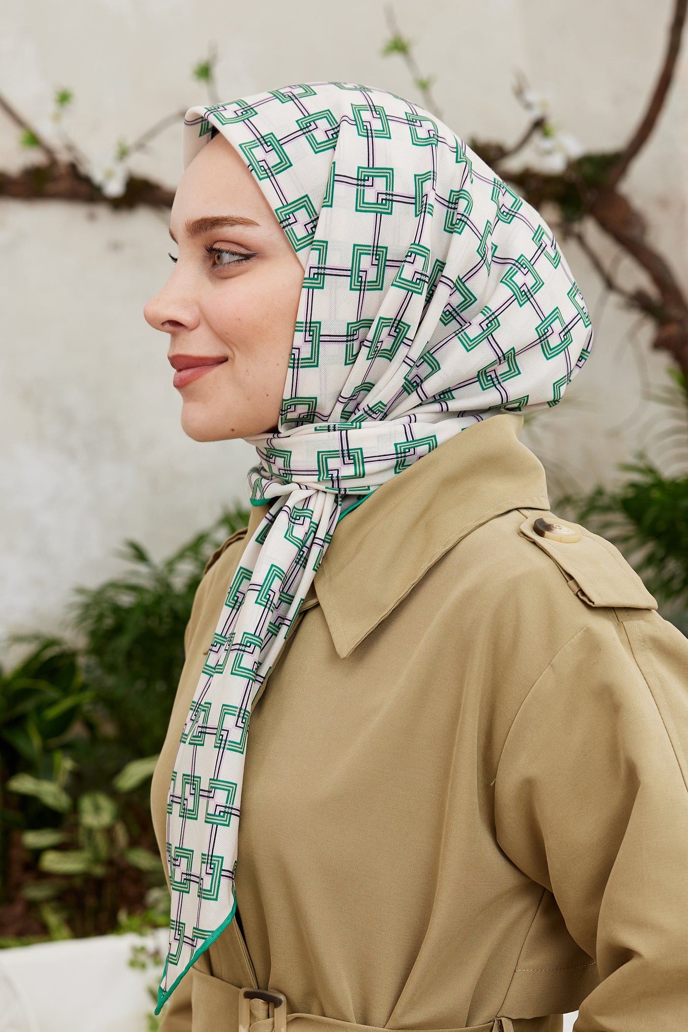 Tesettür Giyim - Pro Line Clara Desen Eşarp - Bej - Mint Yeşili - Emproyal