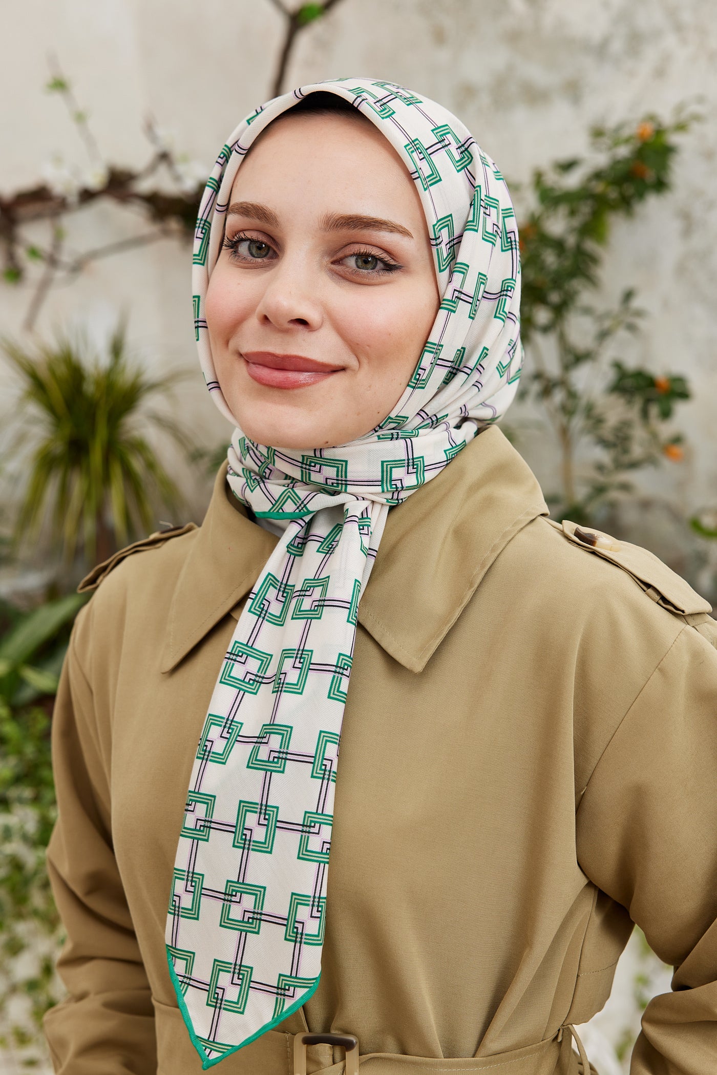 Tesettür Giyim - Pro Line Clara Desen Eşarp - Bej - Mint Yeşili - Emproyal