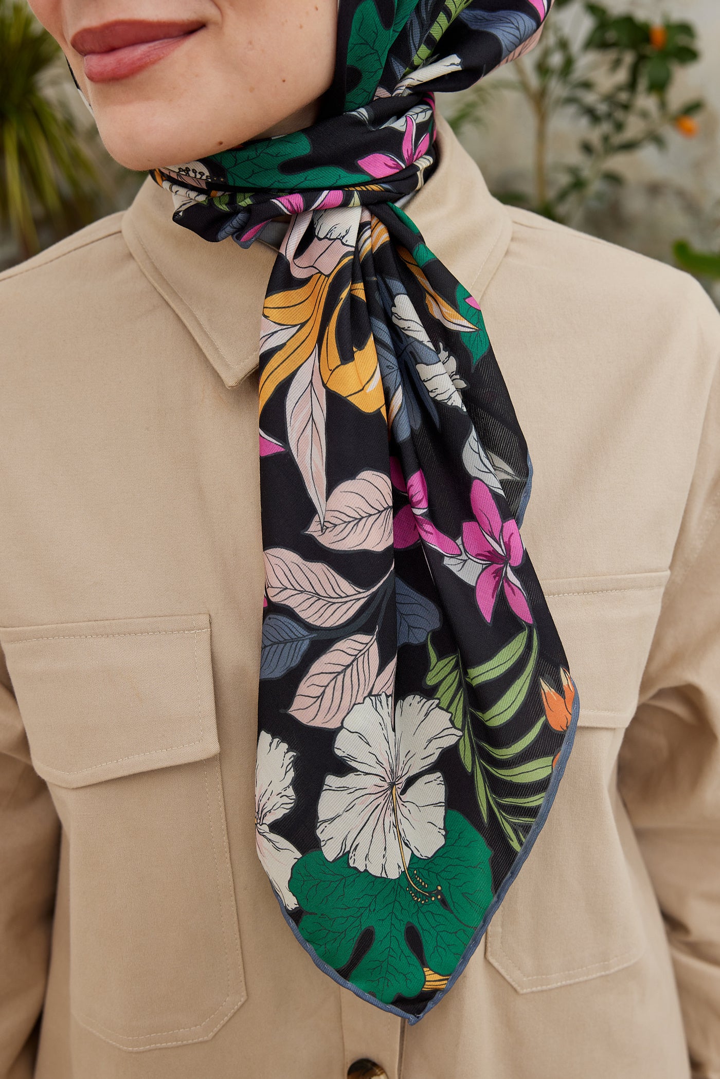 Tesettür Giyim - Pro Line Viola Desen Eşarp - Koyu Yeşil - Turuncu - Emproyal