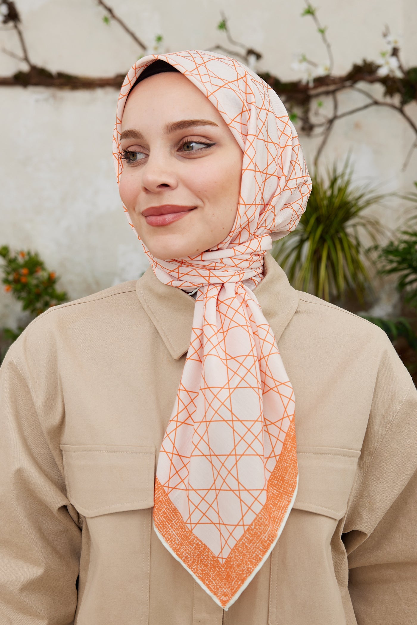 Tesettür Giyim - Pro Line Geometric Desen Eşarp - Turuncu - Emproyal