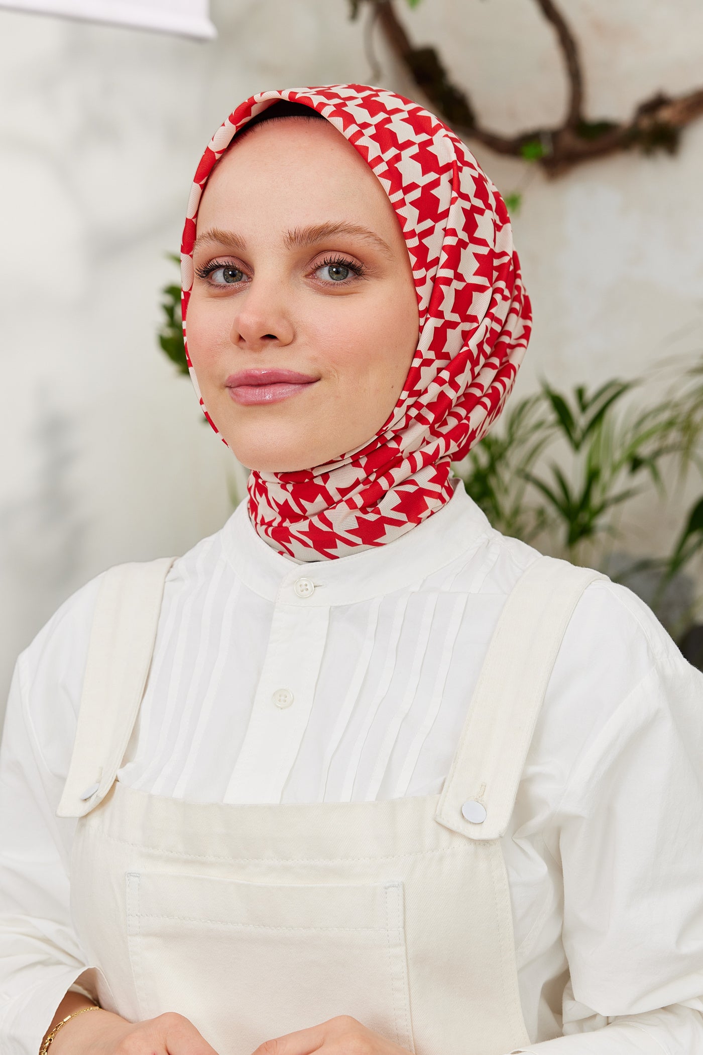 Tesettür Giyim - Pro Line Kazayağı Desen Eşarp - Kırmızı - Bej - Emproyal