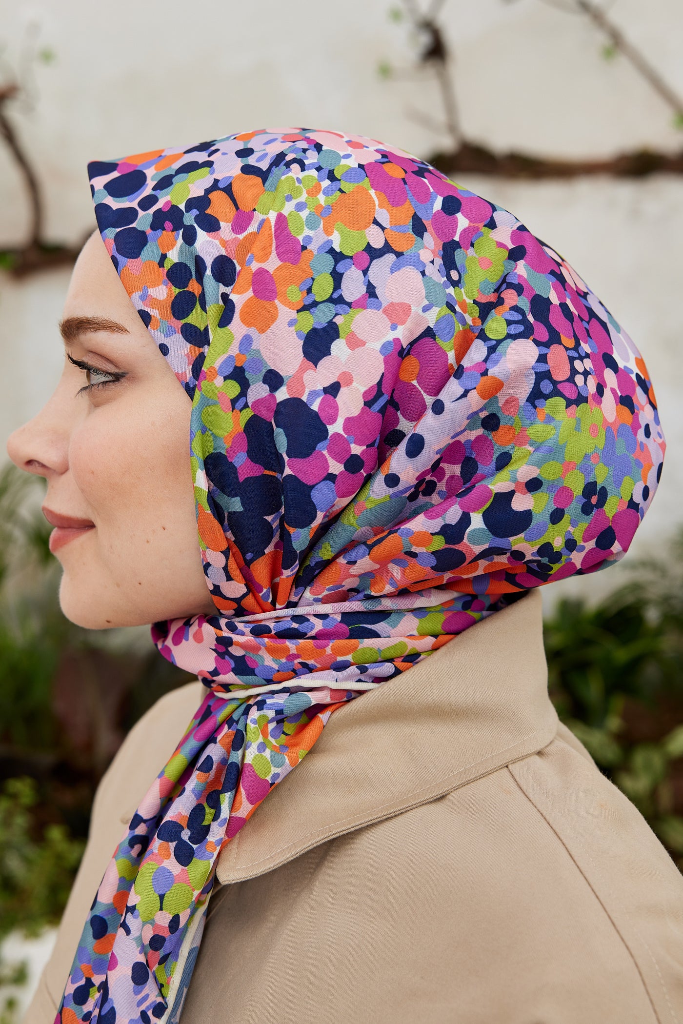 Tesettür Giyim - Pro Line Lavin Desen Eşarp - Lacivert - Fuşya - Emproyal