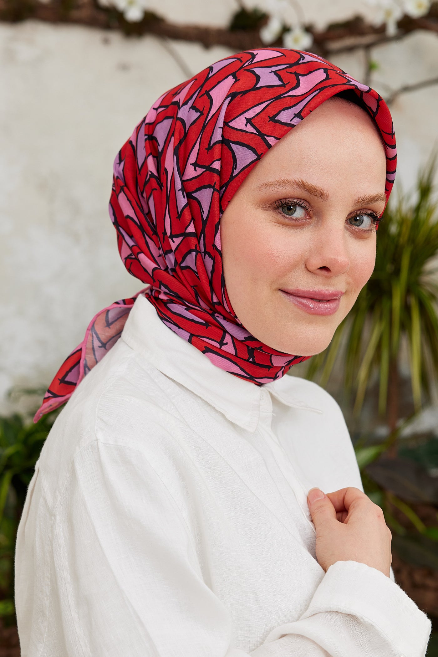 Tesettür Giyim - Pro Line Vera Desen Eşarp - Kırmızı - Pembe - Emproyal