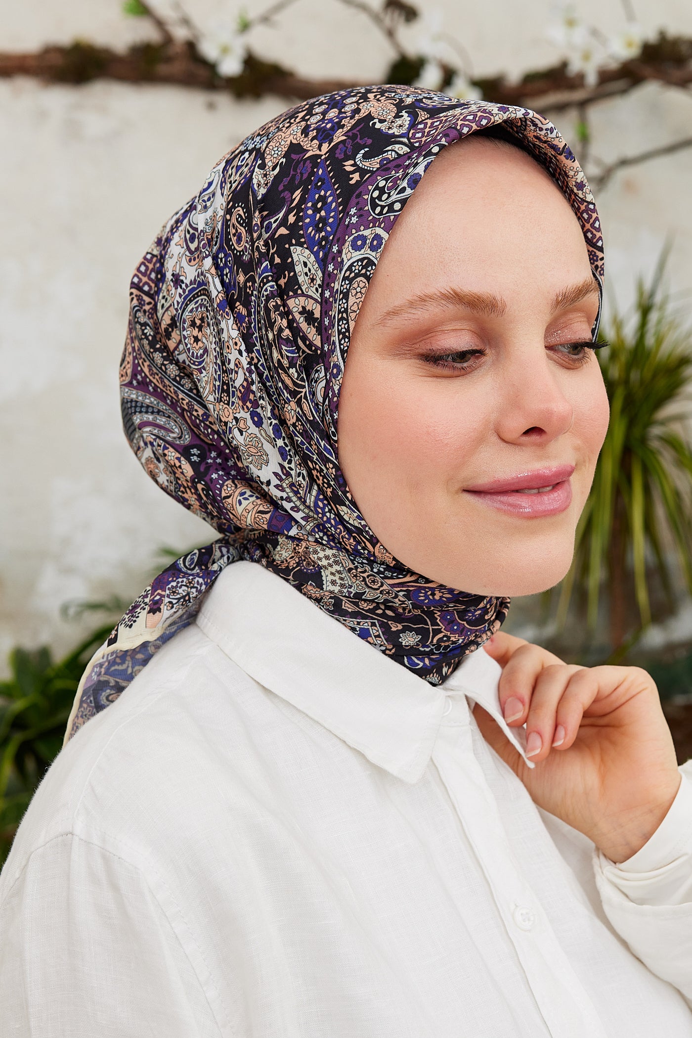 Tesettür Giyim - Pro Line Etnic Desen Eşarp - Beyaz - Mor - Emproyal