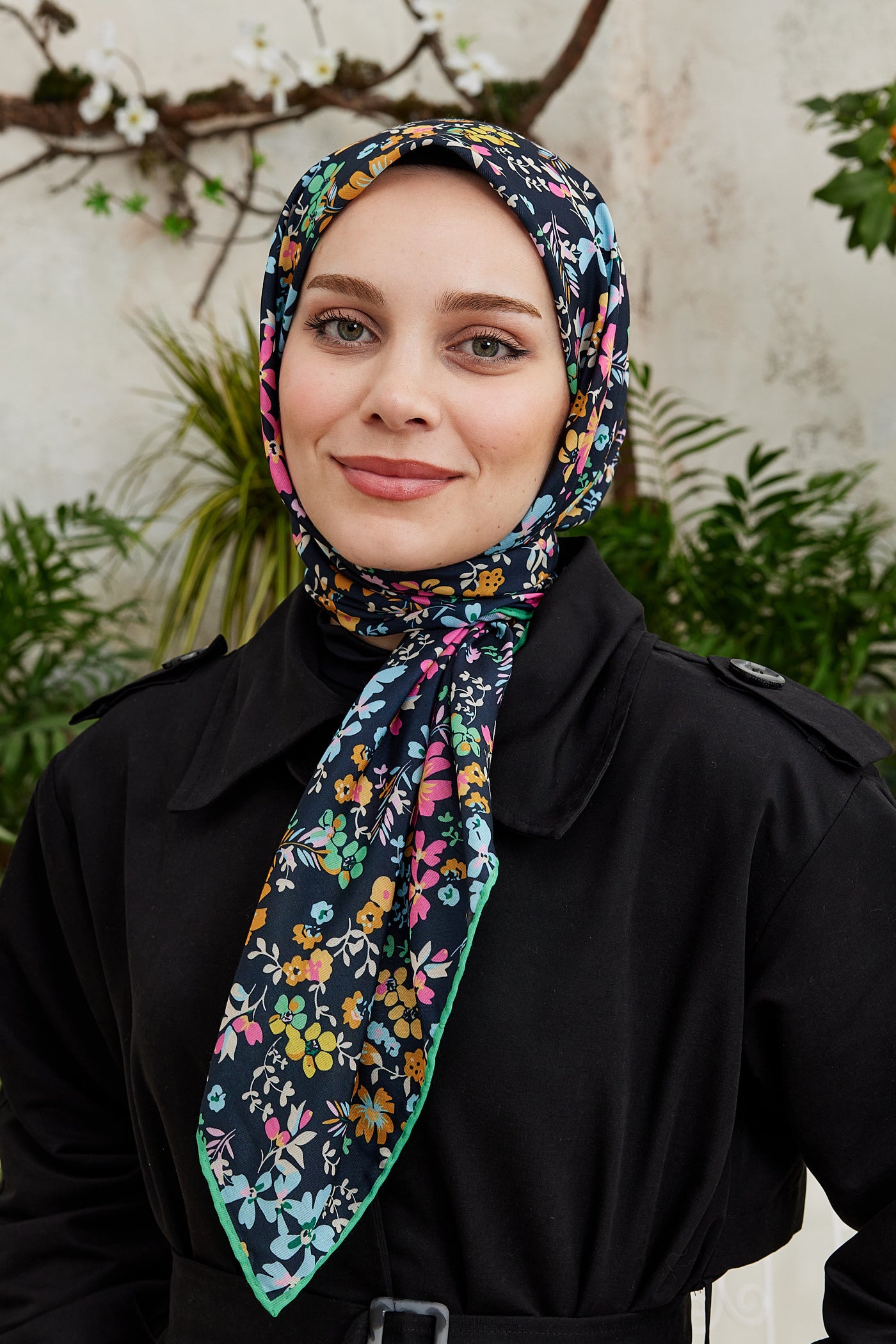 Tesettür Giyim - Pro Line Rosaline Desen Eşarp - Yeşil - Pembe - Emproyal