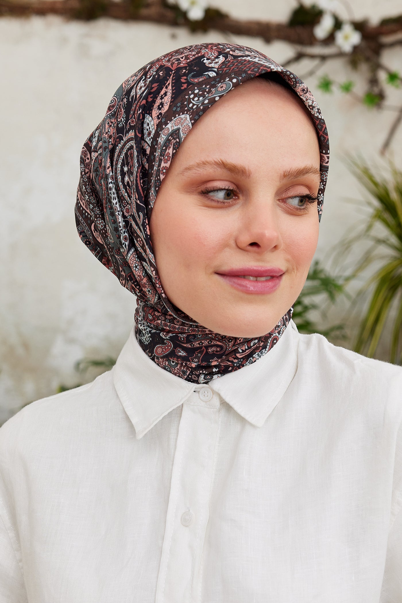 Tesettür Giyim - Pro Line Etnic Desen Eşarp - Gri - Kahve - Emproyal