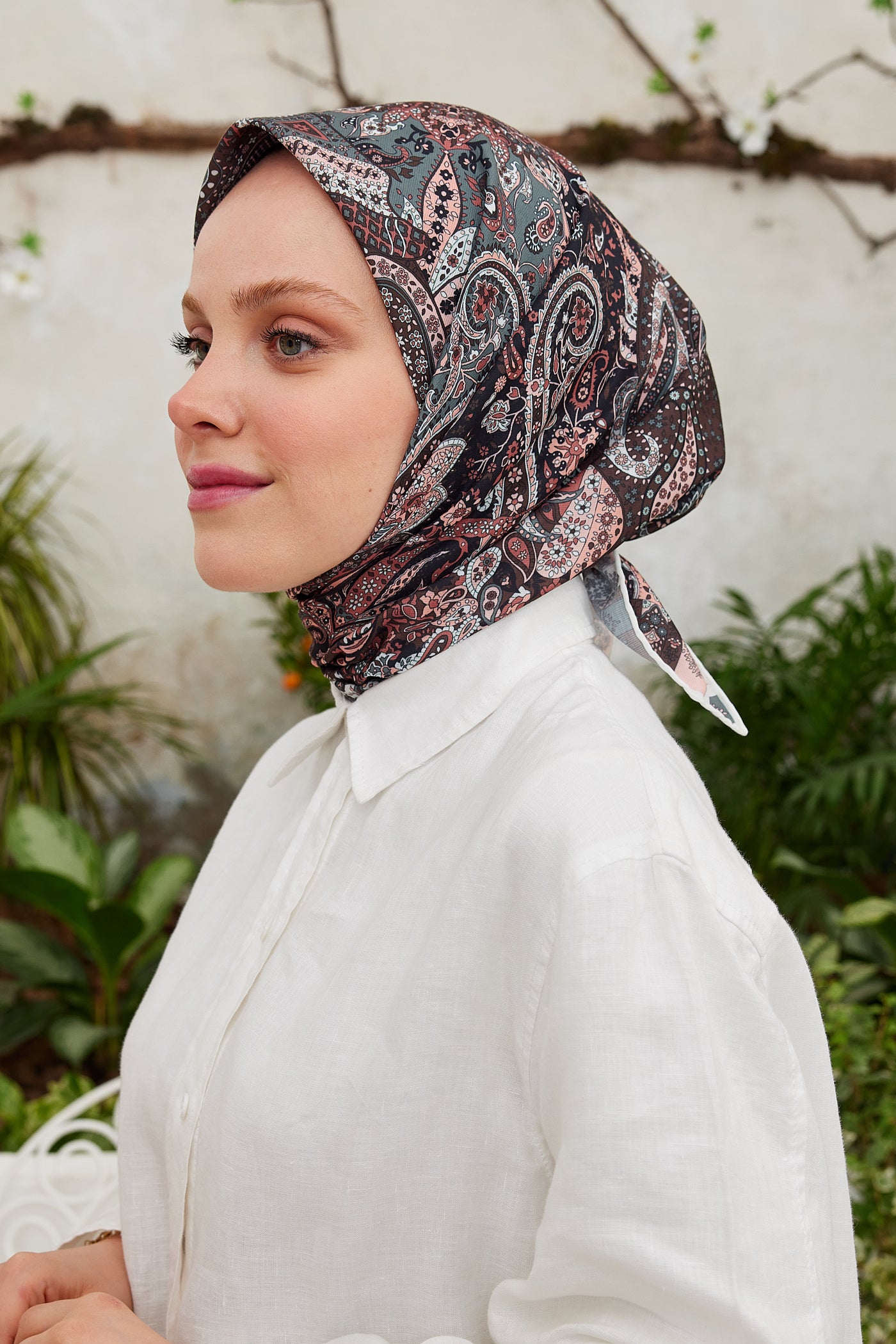 Tesettür Giyim - Pro Line Etnic Desen Eşarp - Gri - Kahve - Emproyal