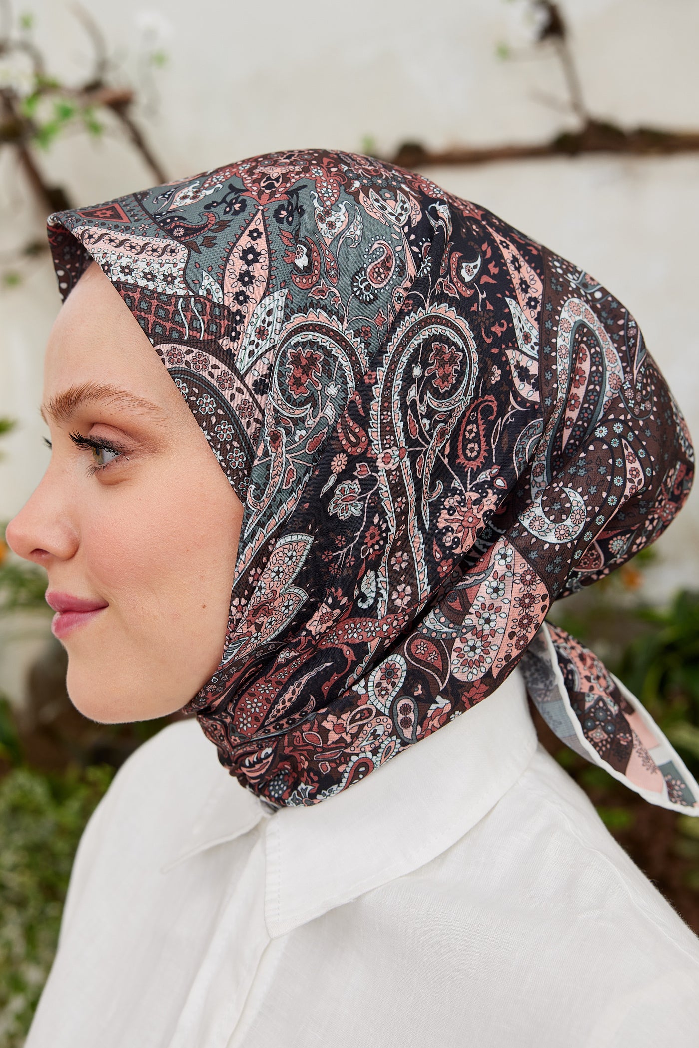 Tesettür Giyim - Pro Line Etnic Desen Eşarp - Gri - Kahve - Emproyal