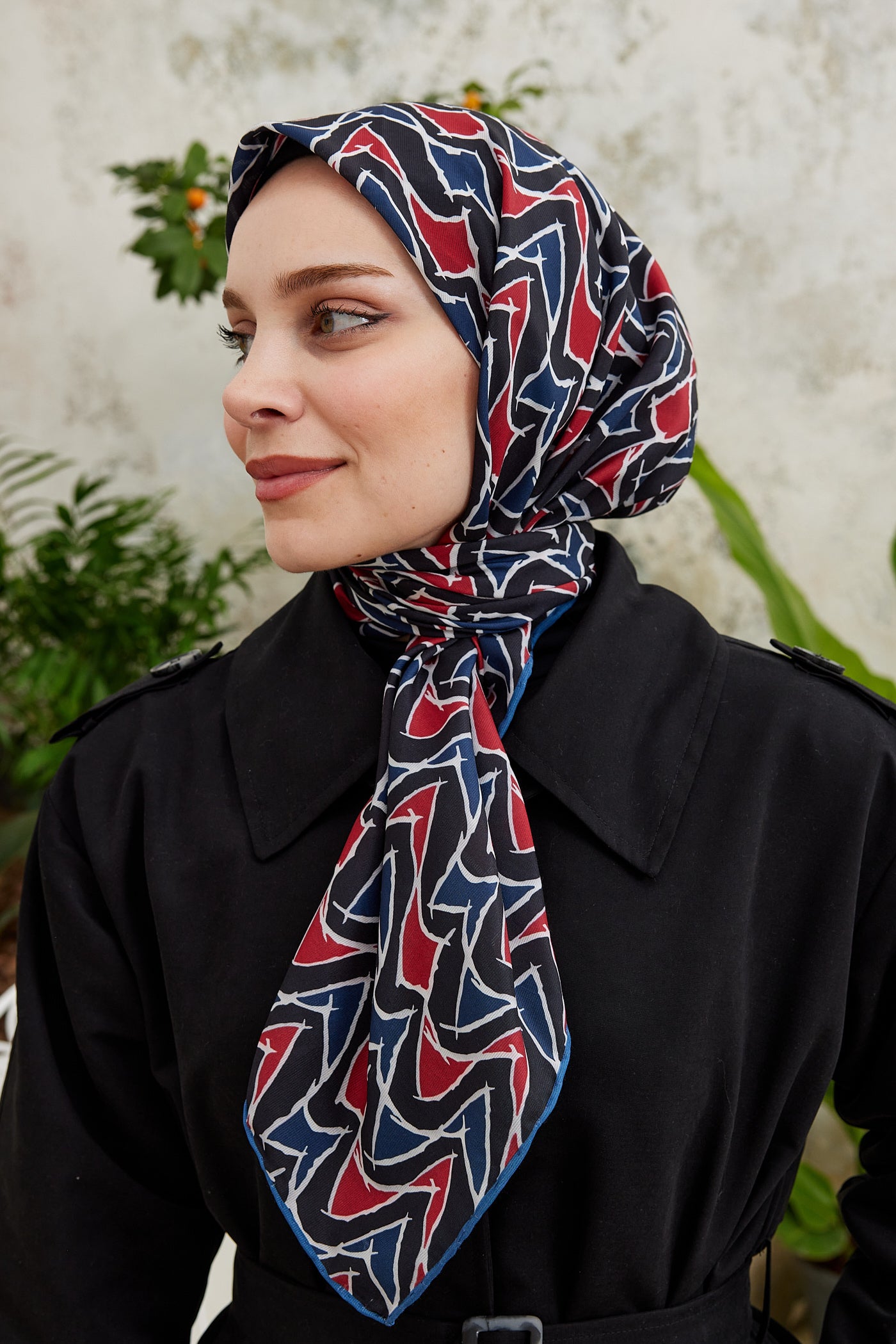Tesettür Giyim - Pro Line Vera Desen Eşarp - Lacivert - Kırmızı - Emproyal