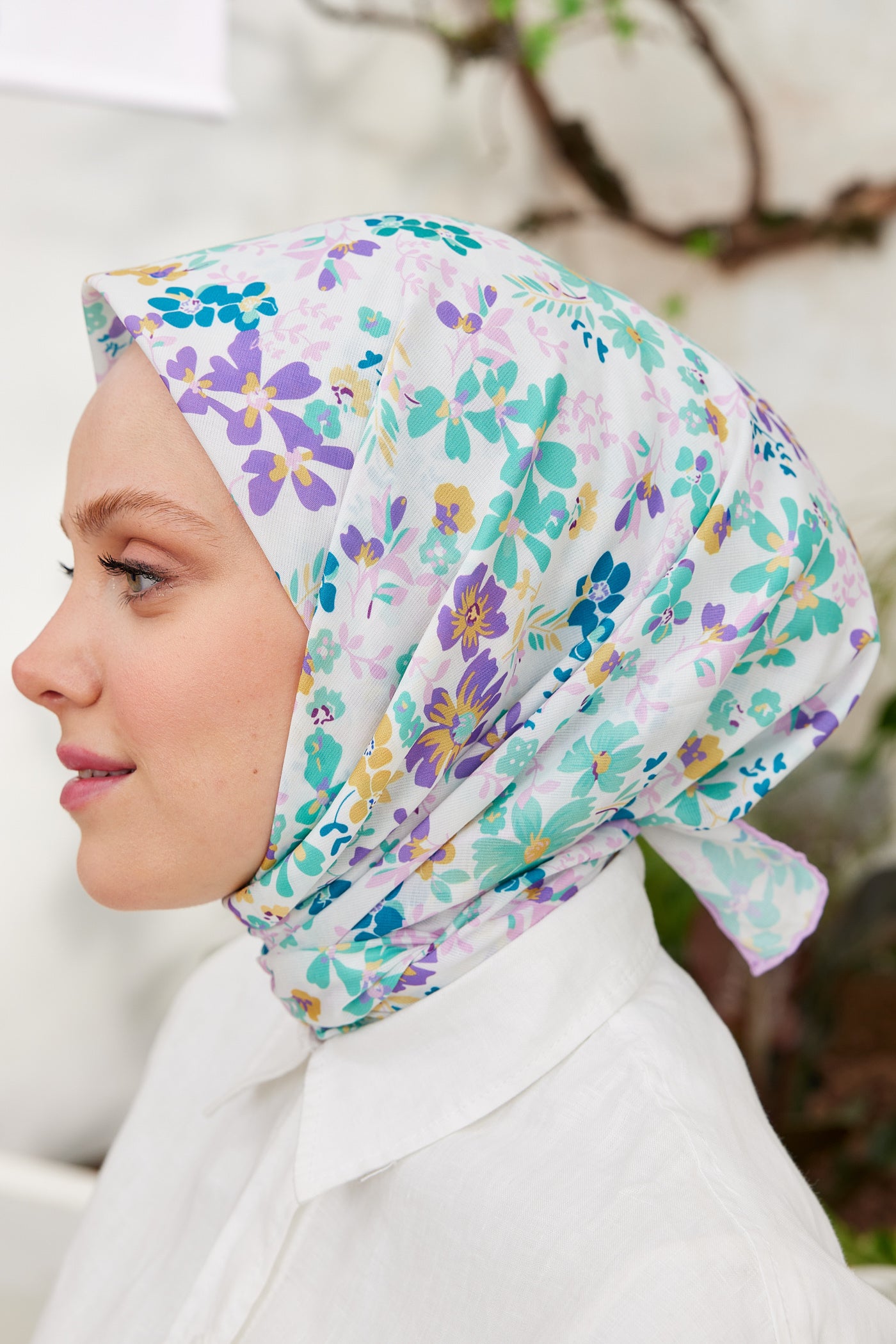 Tesettür Giyim - Pro Line Rosaline Desen Eşarp - Turkuaz - Mor - Emproyal