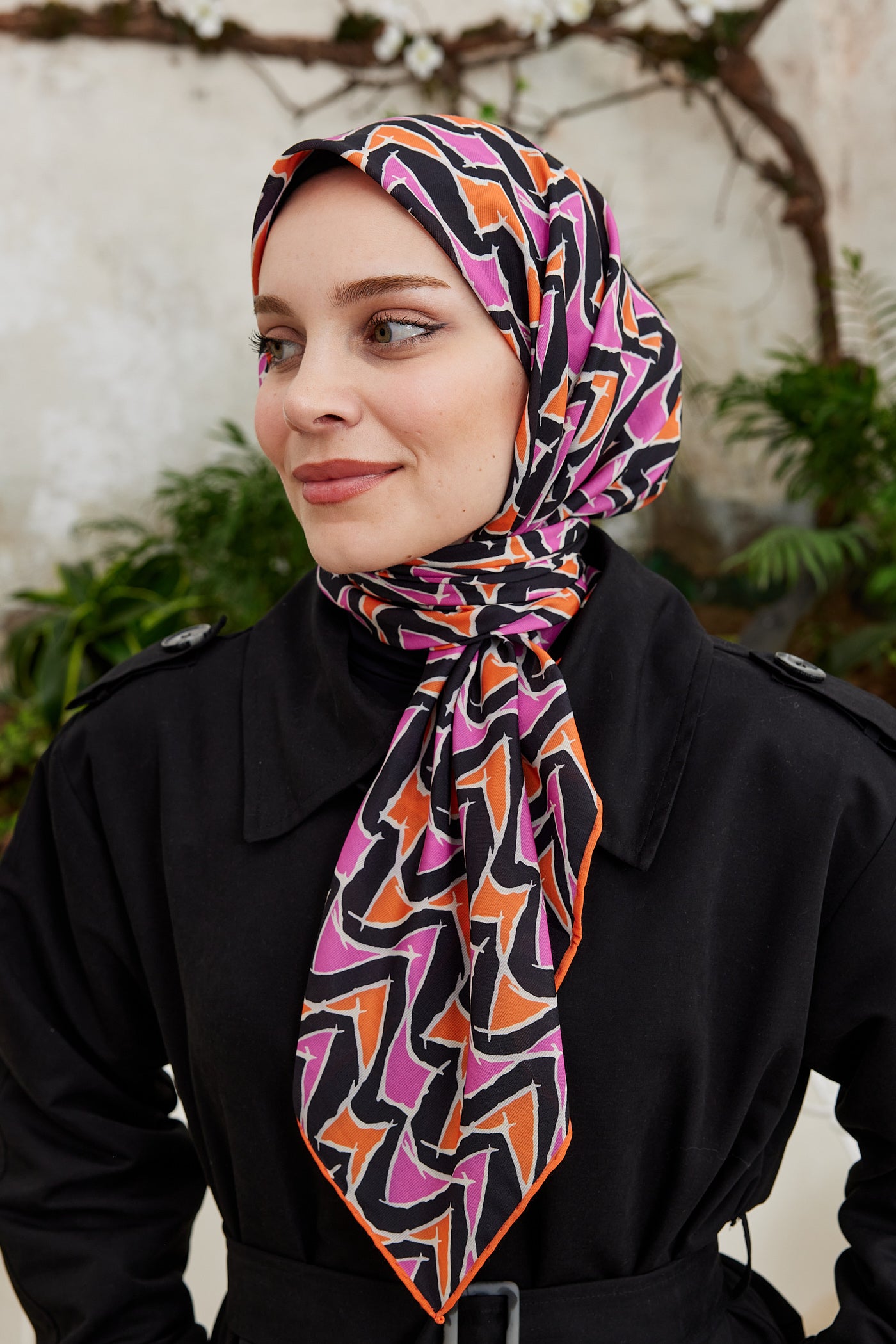 Tesettür Giyim - Pro Line Vera Desen Eşarp - Turuncu - Pembe - Emproyal