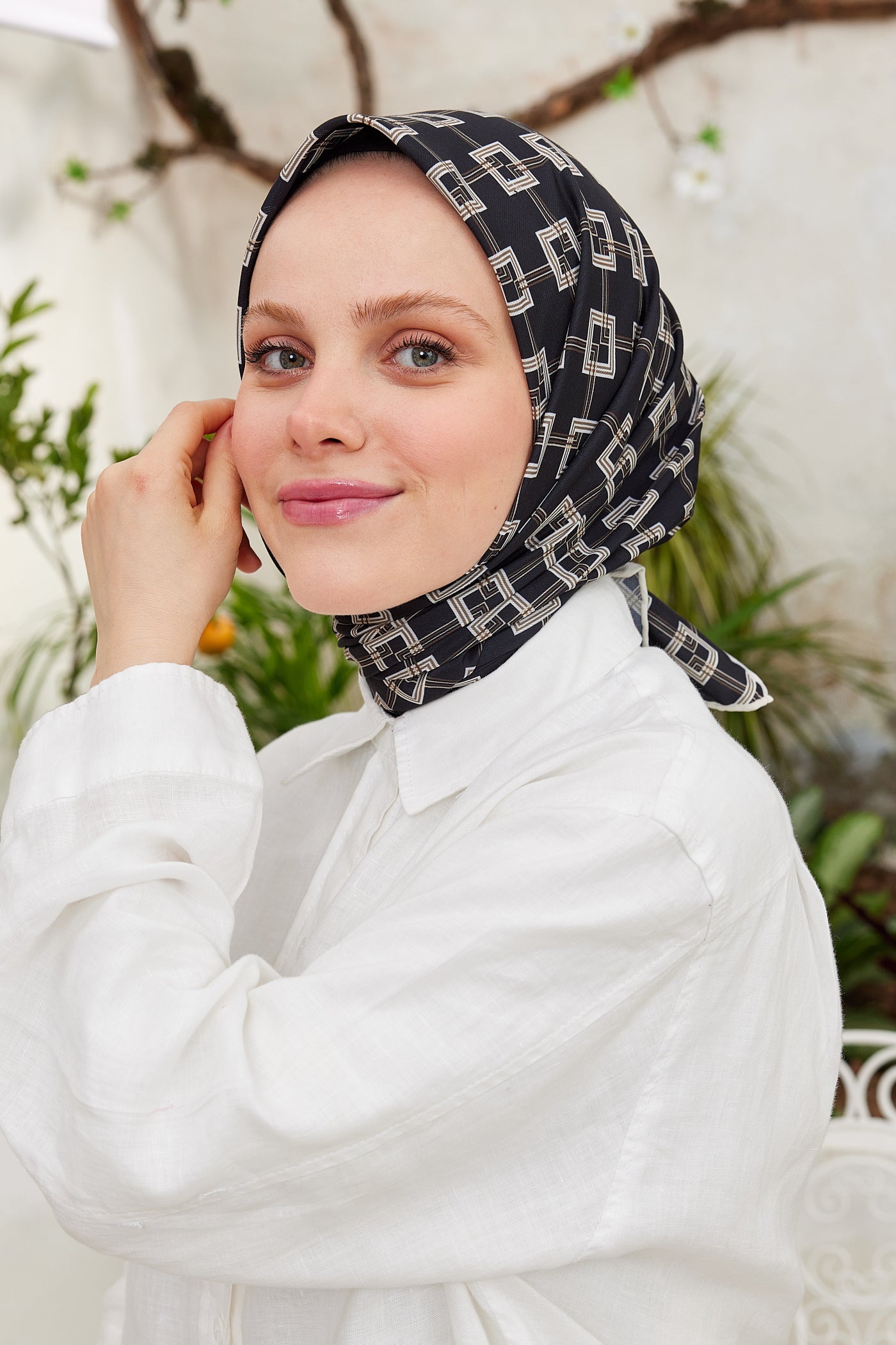 Tesettür Giyim - Pro Line Clara Desen Eşarp - Siyah - Bej - Emproyal