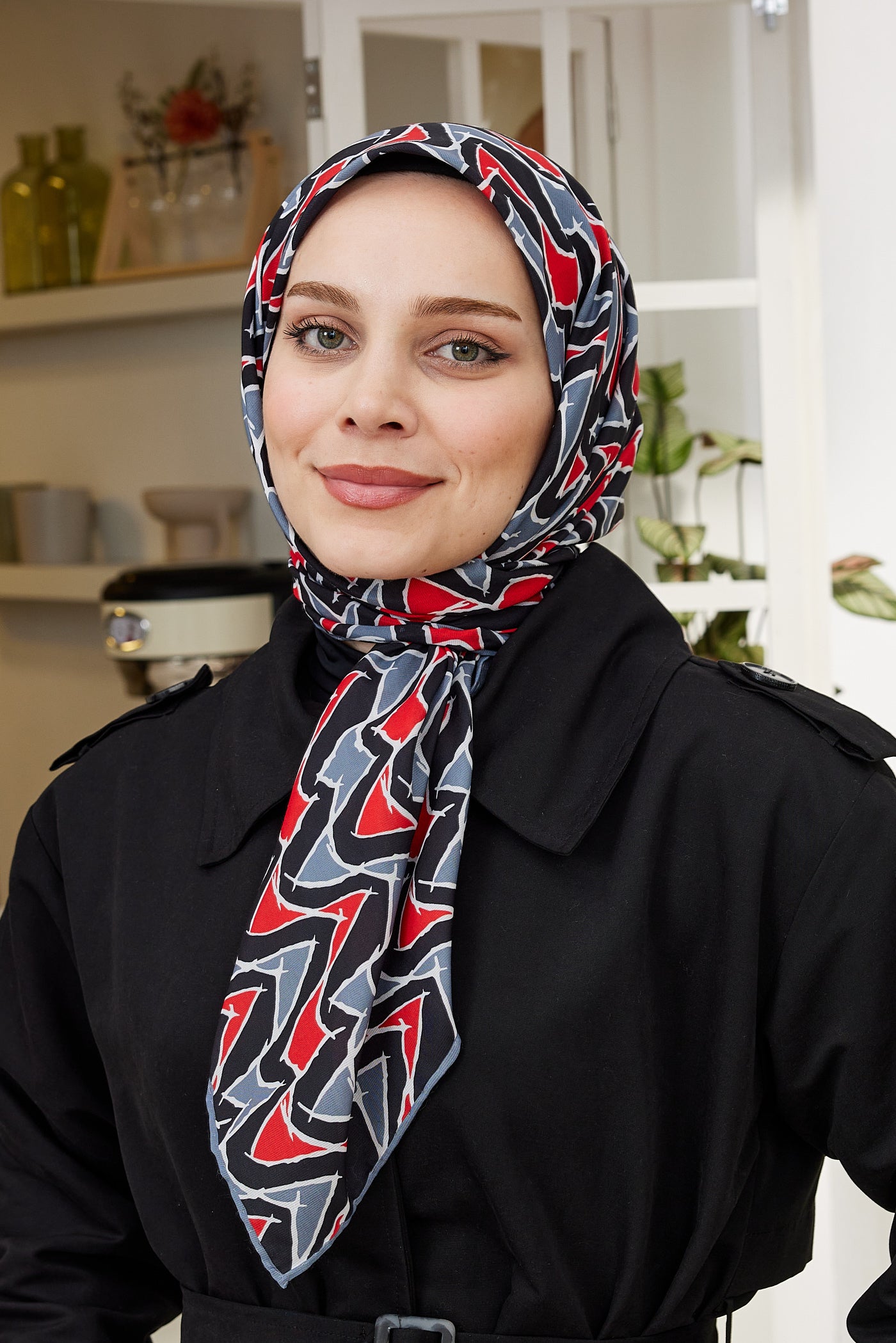 Tesettür Giyim - Pro Line Vera Desen Eşarp - Kırmızı - Gri - Emproyal