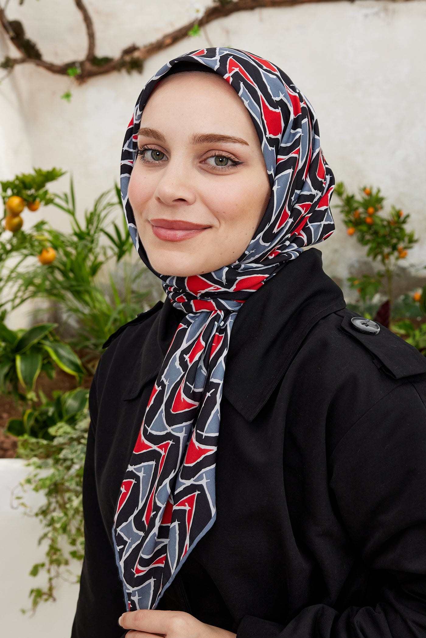 Tesettür Giyim - Pro Line Vera Desen Eşarp - Kırmızı - Gri - Emproyal