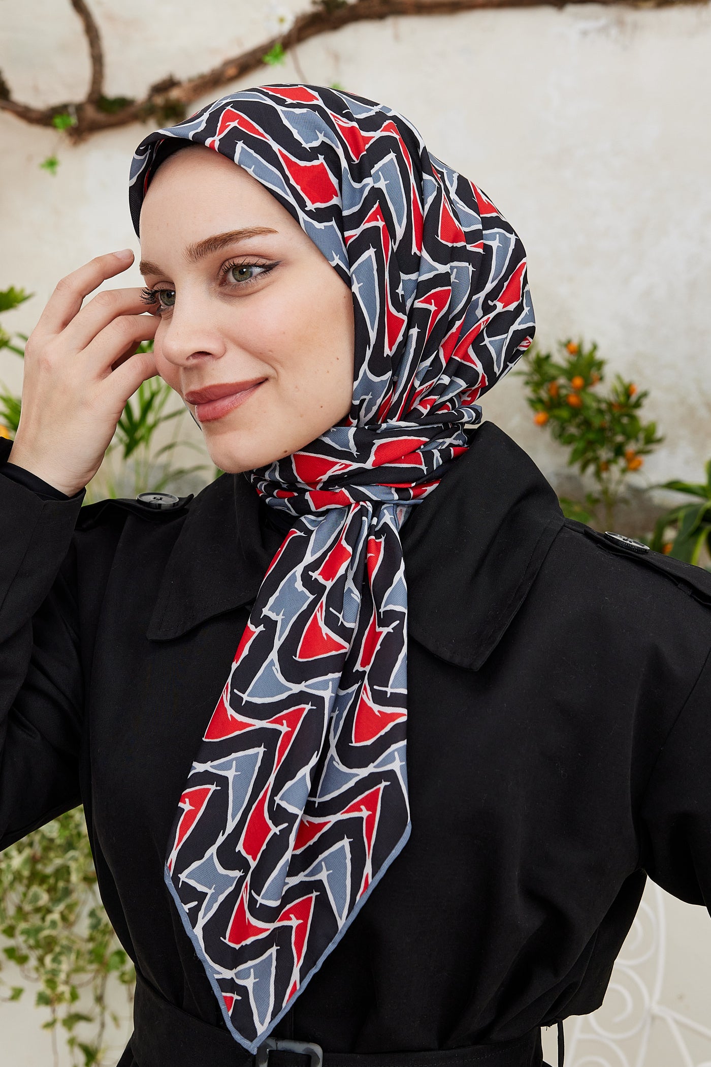 Tesettür Giyim - Pro Line Vera Desen Eşarp - Kırmızı - Gri - Emproyal