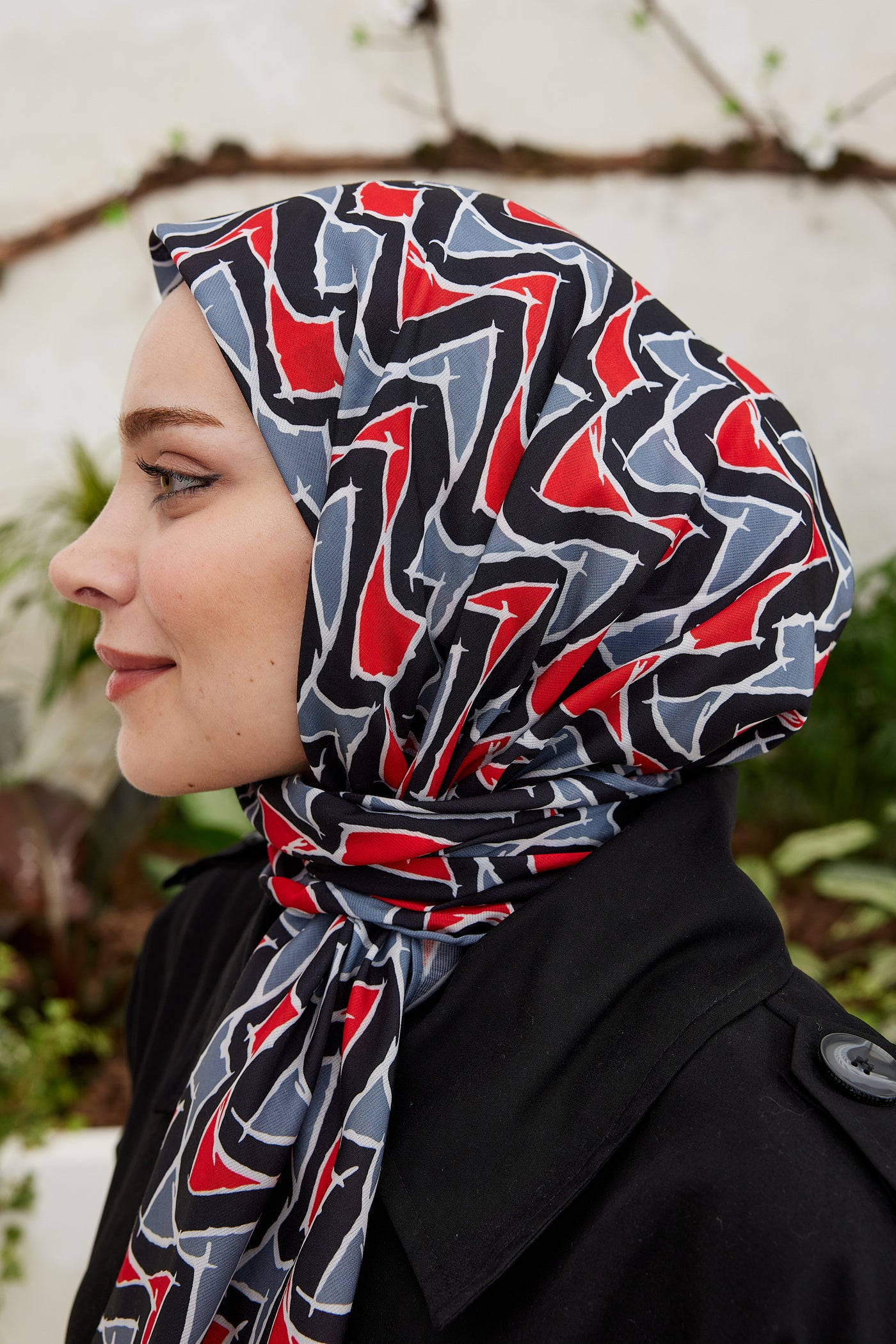 Tesettür Giyim - Pro Line Vera Desen Eşarp - Kırmızı - Gri - Emproyal