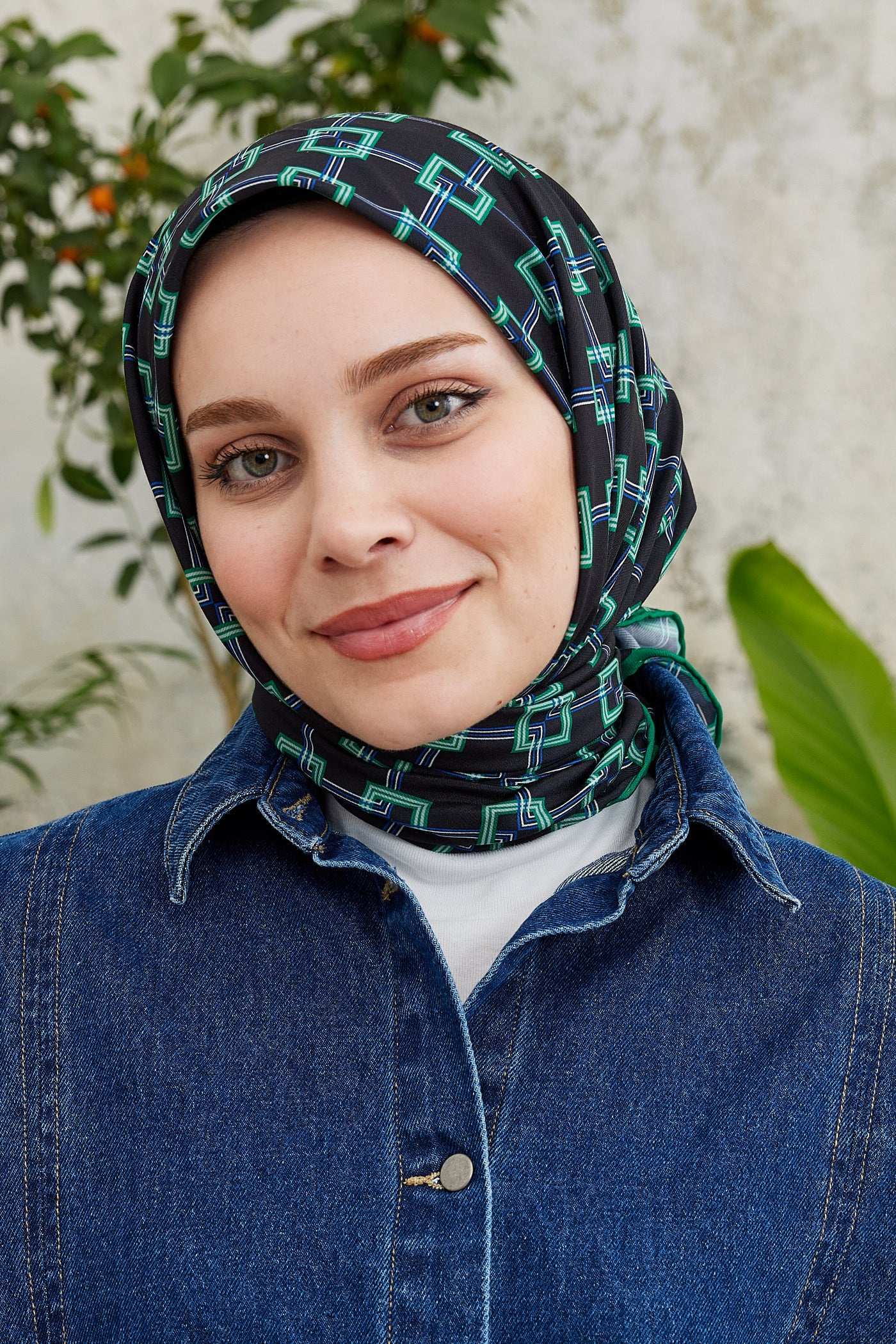 Tesettür Giyim - Pro Line Clara Desen Eşarp - Siyah - Yeşil - Emproyal