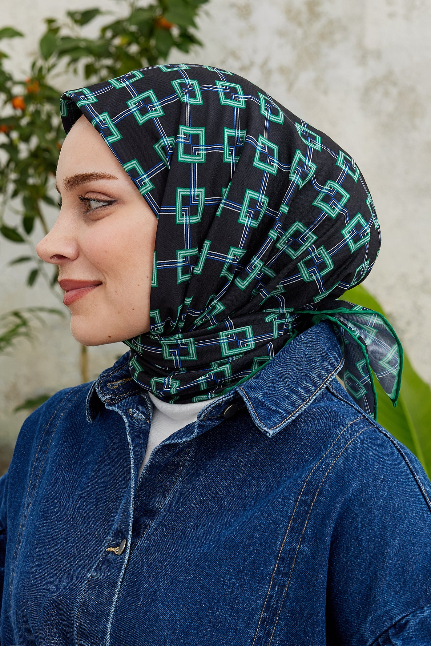 Tesettür Giyim - Pro Line Clara Desen Eşarp - Siyah - Yeşil - Emproyal