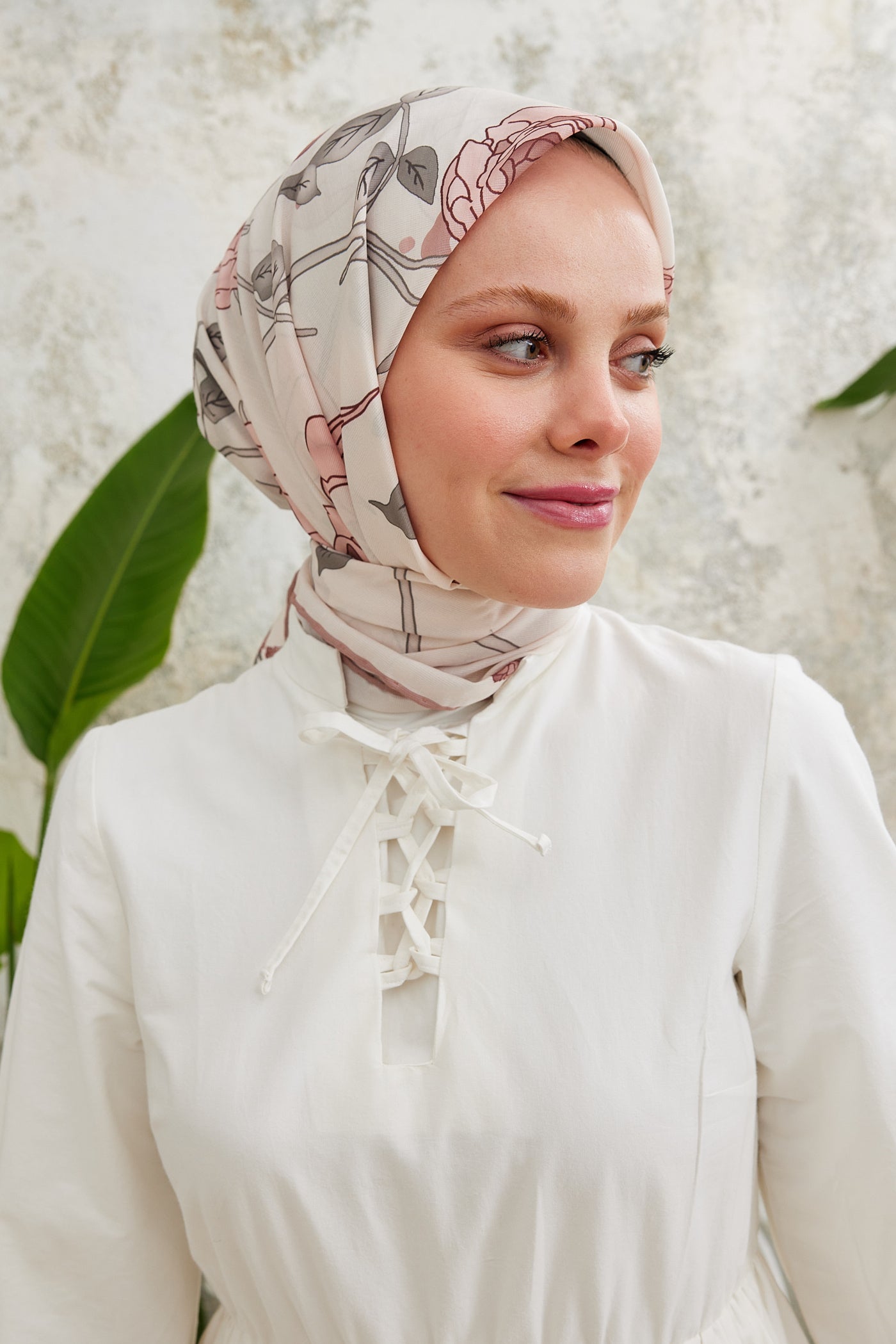 Tesettür Giyim - Pro Line Olivia Desen Eşarp - Gül Kurusu - Krem - Emproyal