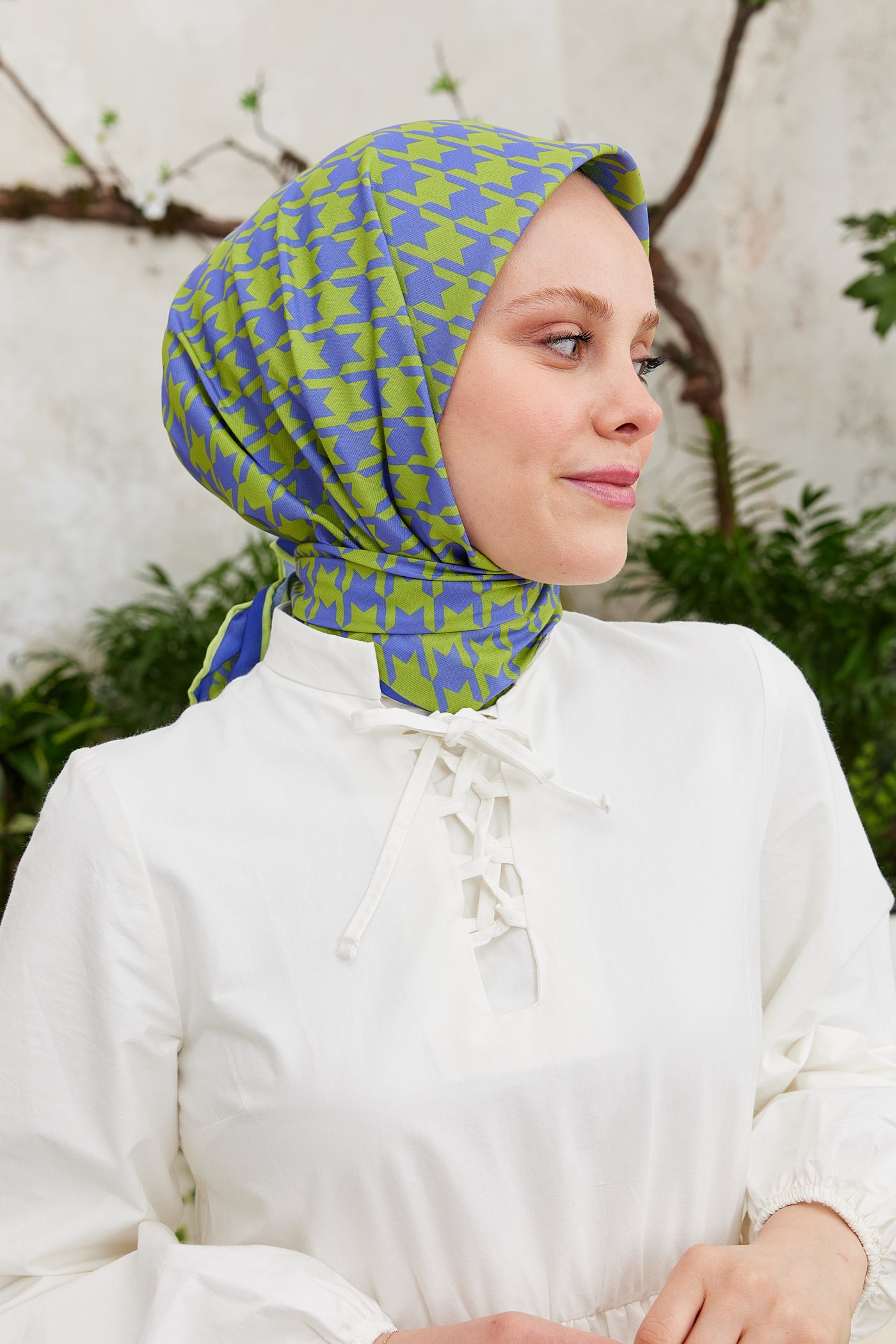 Tesettür Giyim - Pro Line Kazayağı Desen Eşarp - Yağ Yeşili - Mor - Emproyal